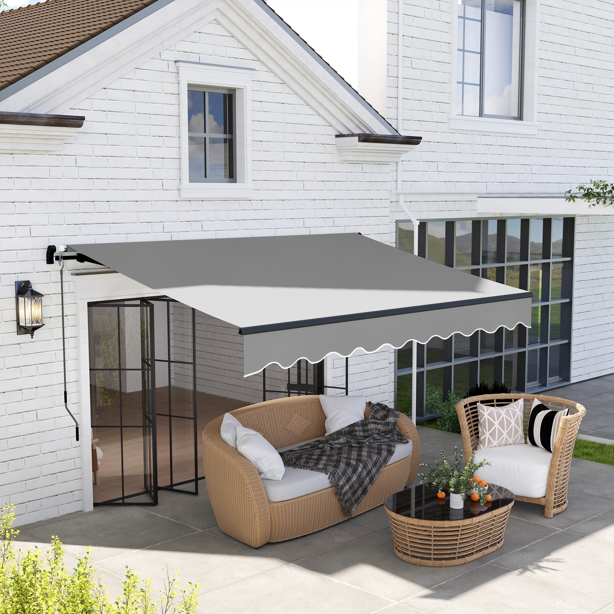 Manual Retractable Awning 360x220 cm Balcony Awning with Aluminum Crank 3 Arms and UV30+ Protection Retractable Outdoor Awning for Garden Terrace Windows Gray