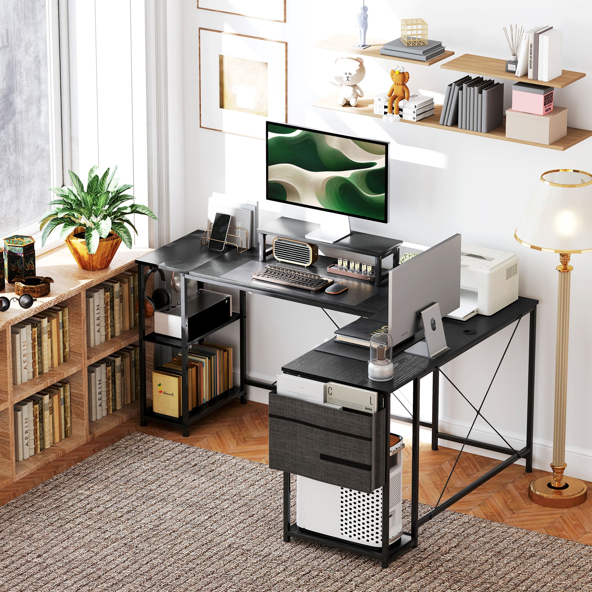 Reversible Modular Corner Desk with Storage, 66–94 in Industrial Black — Adjustable Shelves, Storage Pocket & Monitor Stand, Seats 2