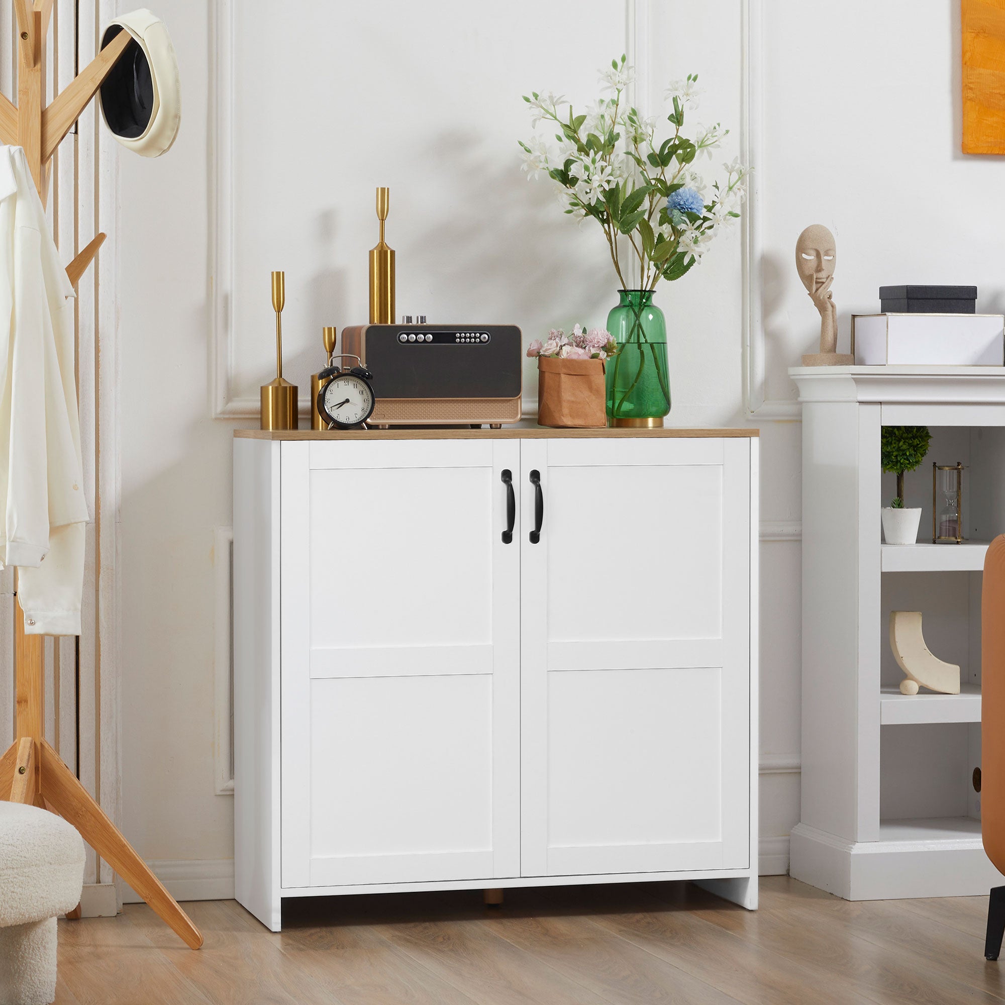 Kitchen Storage Cabinet Sideboard Buffet with 2 Doors and 2 Adjustable Shelves - White and Wood Look - 90 x 39.5 x 88 cm
