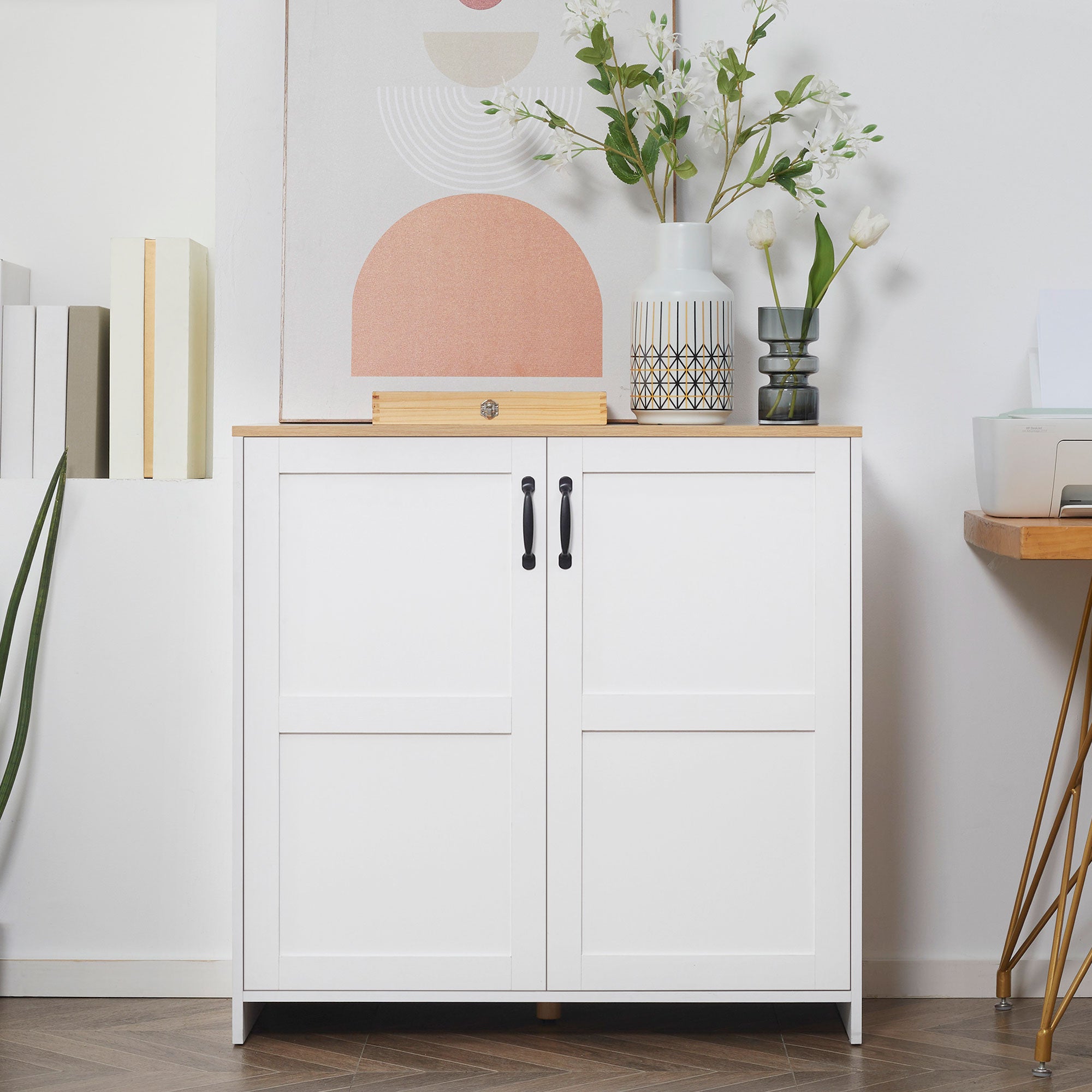Kitchen Storage Cabinet Sideboard Buffet with 2 Doors and 2 Adjustable Shelves - White and Wood Look - 90 x 39.5 x 88 cm