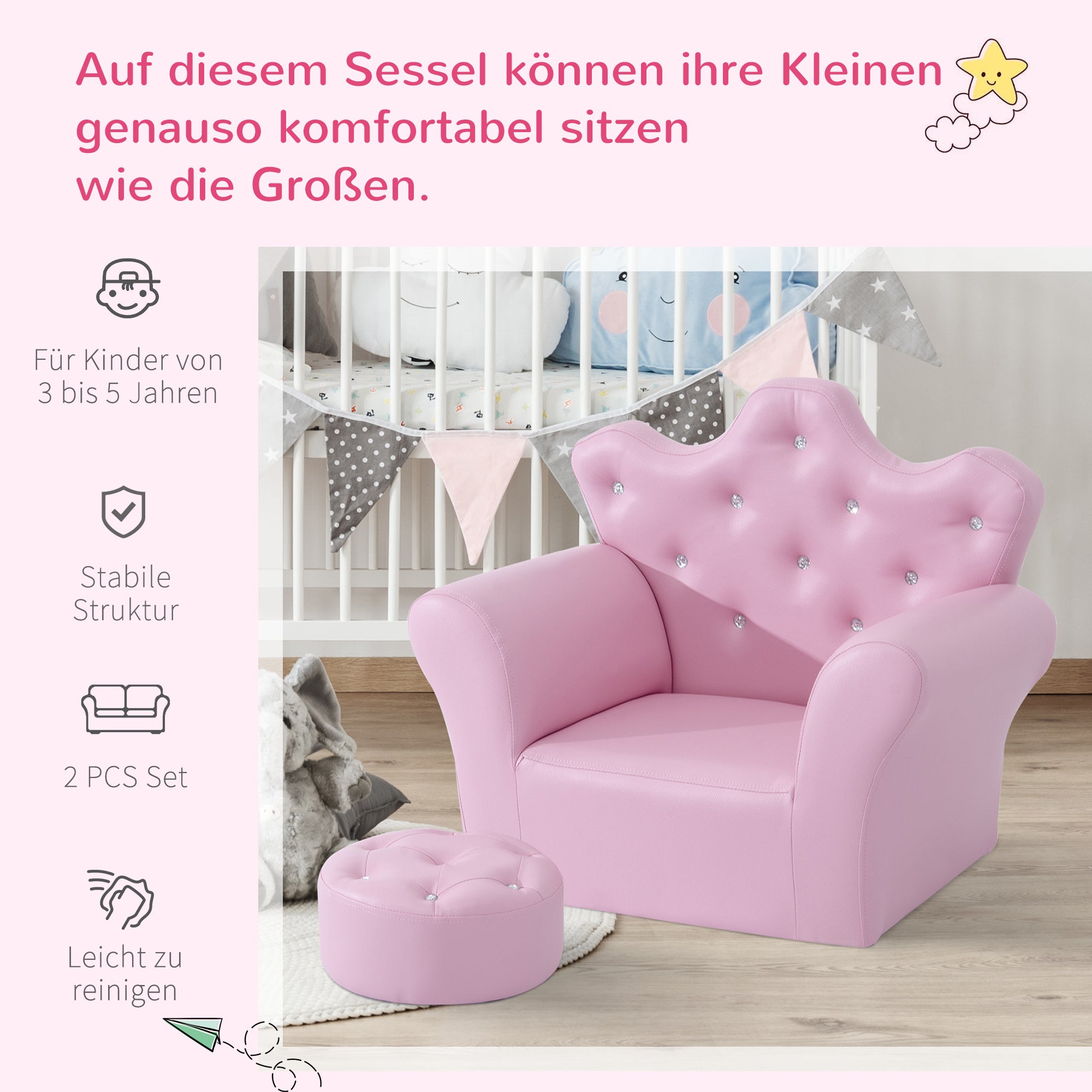 Children's Play Sofa with Ottoman, Kids Sofa Princess Play Sofa Mini Couch for Cozy Corner, Children's Room, Playroom, Bedroom, Pink