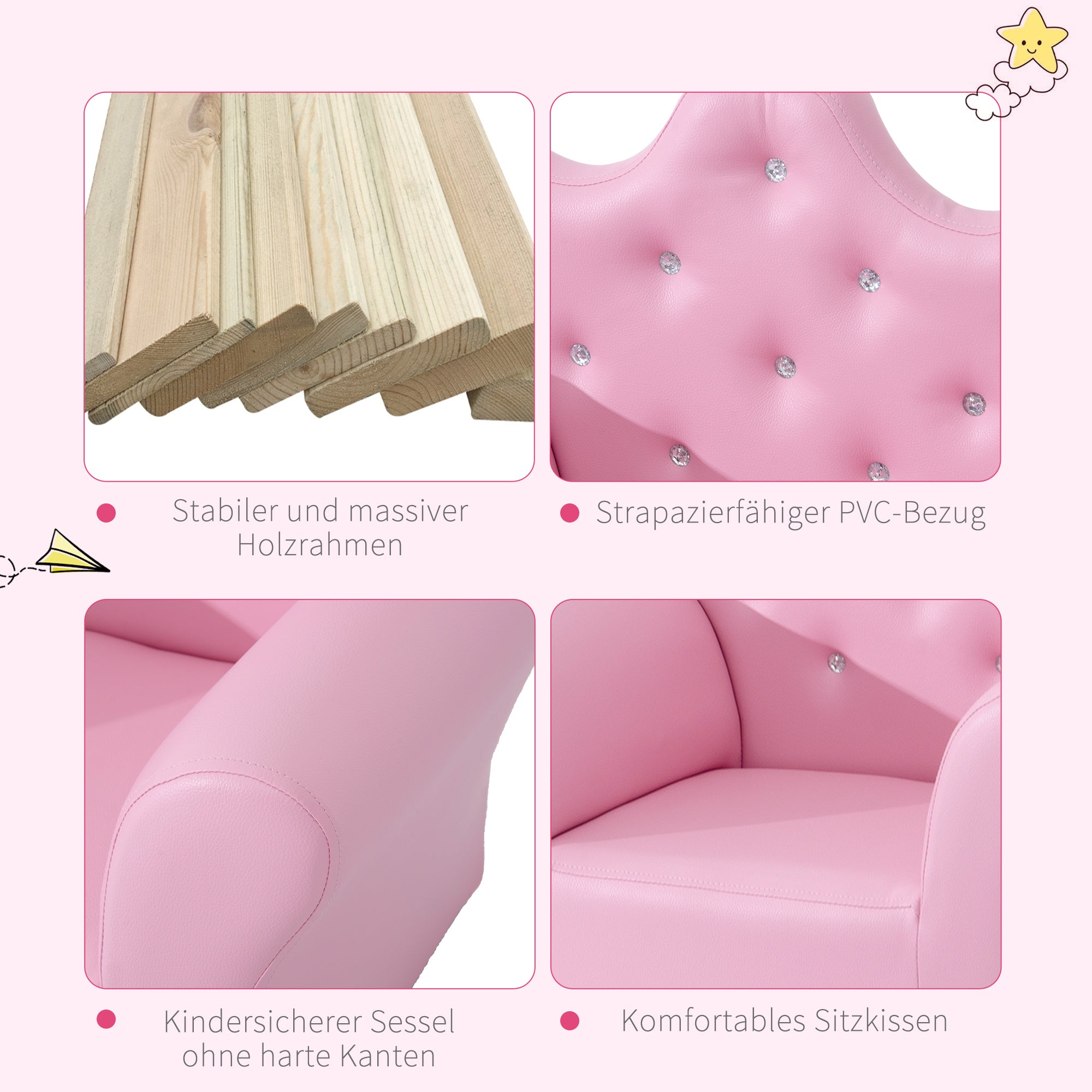 Children's Play Sofa with Ottoman, Kids Sofa Princess Play Sofa Mini Couch for Cozy Corner, Children's Room, Playroom, Bedroom, Pink