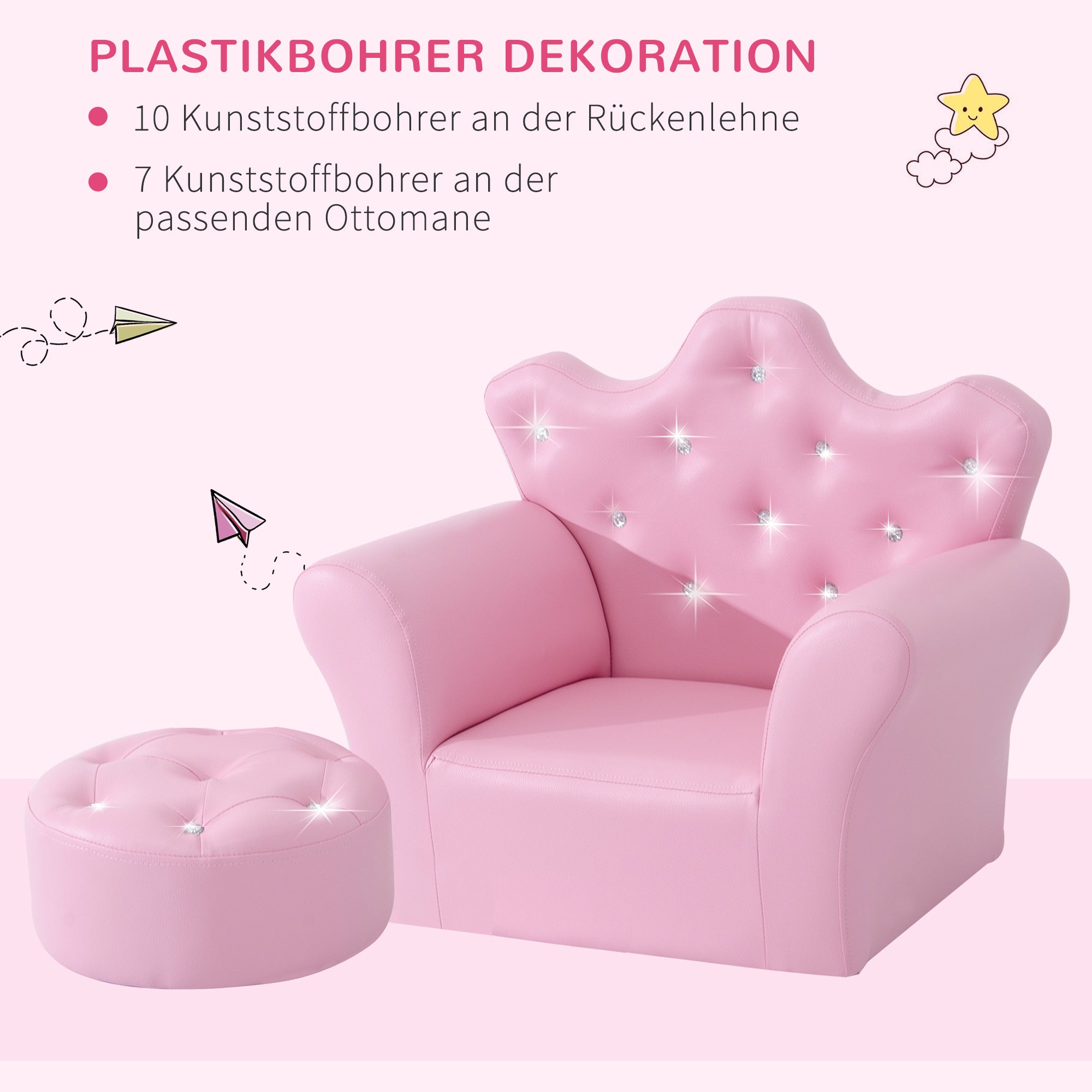 Children's Play Sofa with Ottoman, Kids Sofa Princess Play Sofa Mini Couch for Cozy Corner, Children's Room, Playroom, Bedroom, Pink