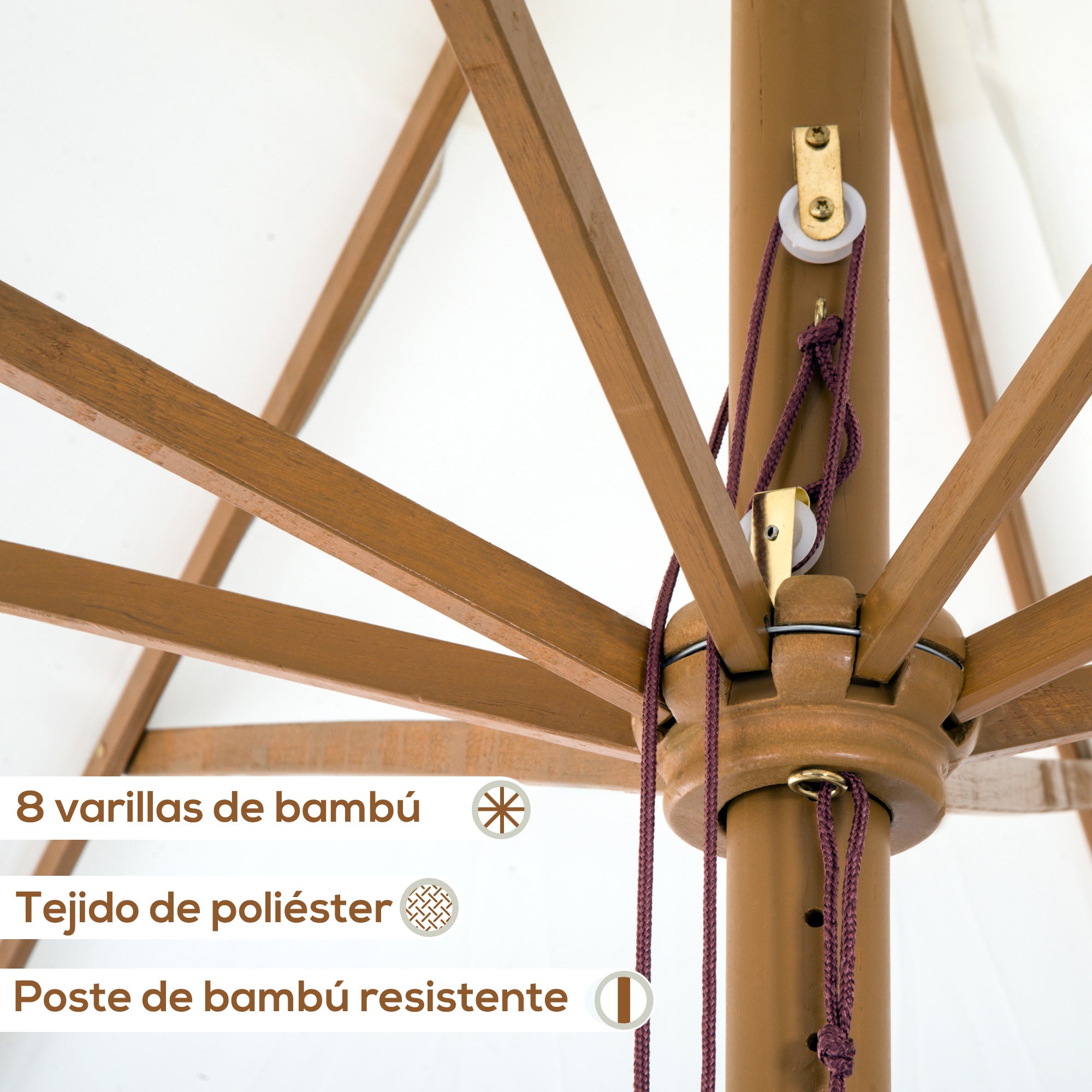 Terrace Exterior Umbrella Ø325 cm Garden Umbrella with Pulley System Ventilated Roof 8 Bamboo Ribs and Wooden Post Parasol for Patio Terrace Beige