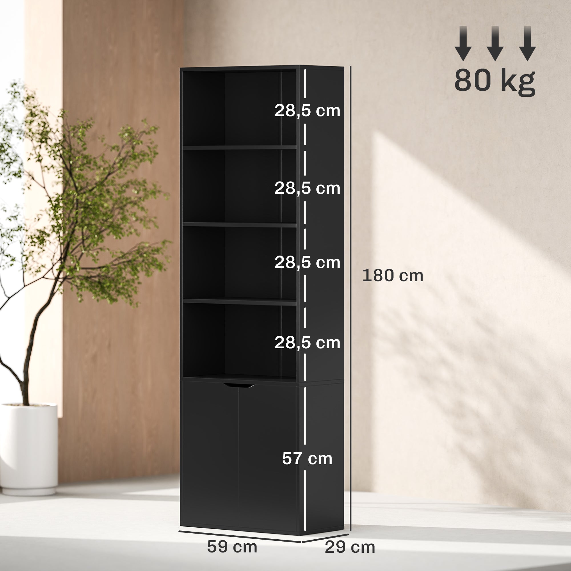 Bookcase Storage Shelf with 4 Open Compartments and 2 Doors, Storage Shelf for Living Room, Bedroom, Office, 59 x 29 x 180 cm, Black