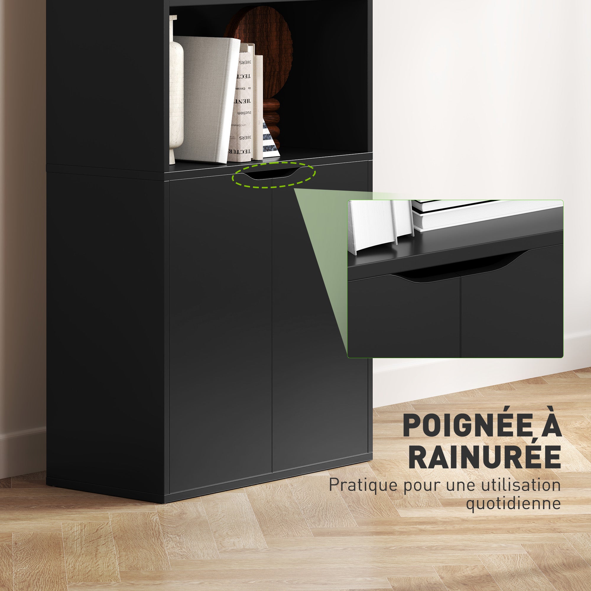 Bookcase Storage Shelf with 4 Open Compartments and 2 Doors, Storage Shelf for Living Room, Bedroom, Office, 59 x 29 x 180 cm, Black