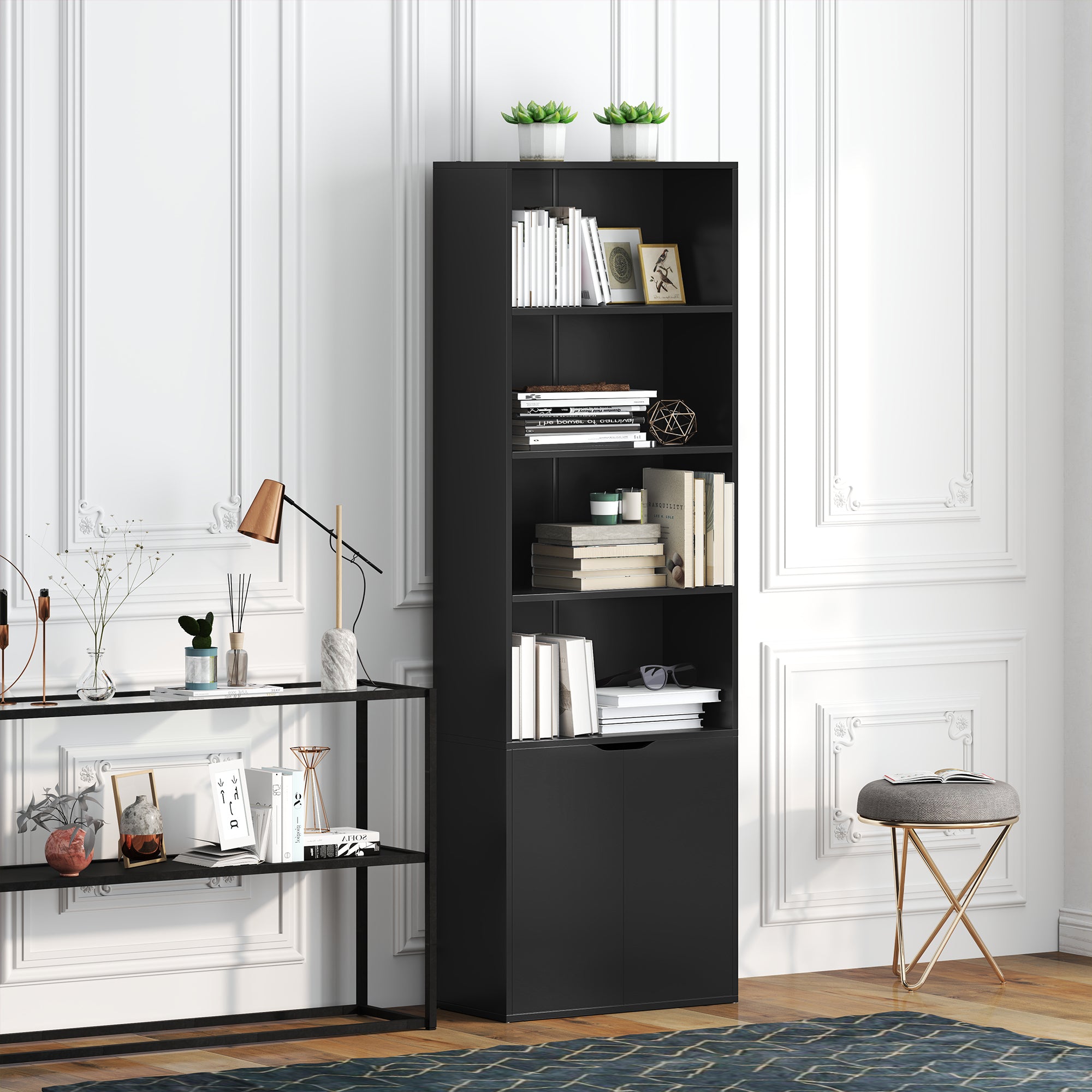 Bookcase Storage Shelf with 4 Open Compartments and 2 Doors, Storage Shelf for Living Room, Bedroom, Office, 59 x 29 x 180 cm, Black