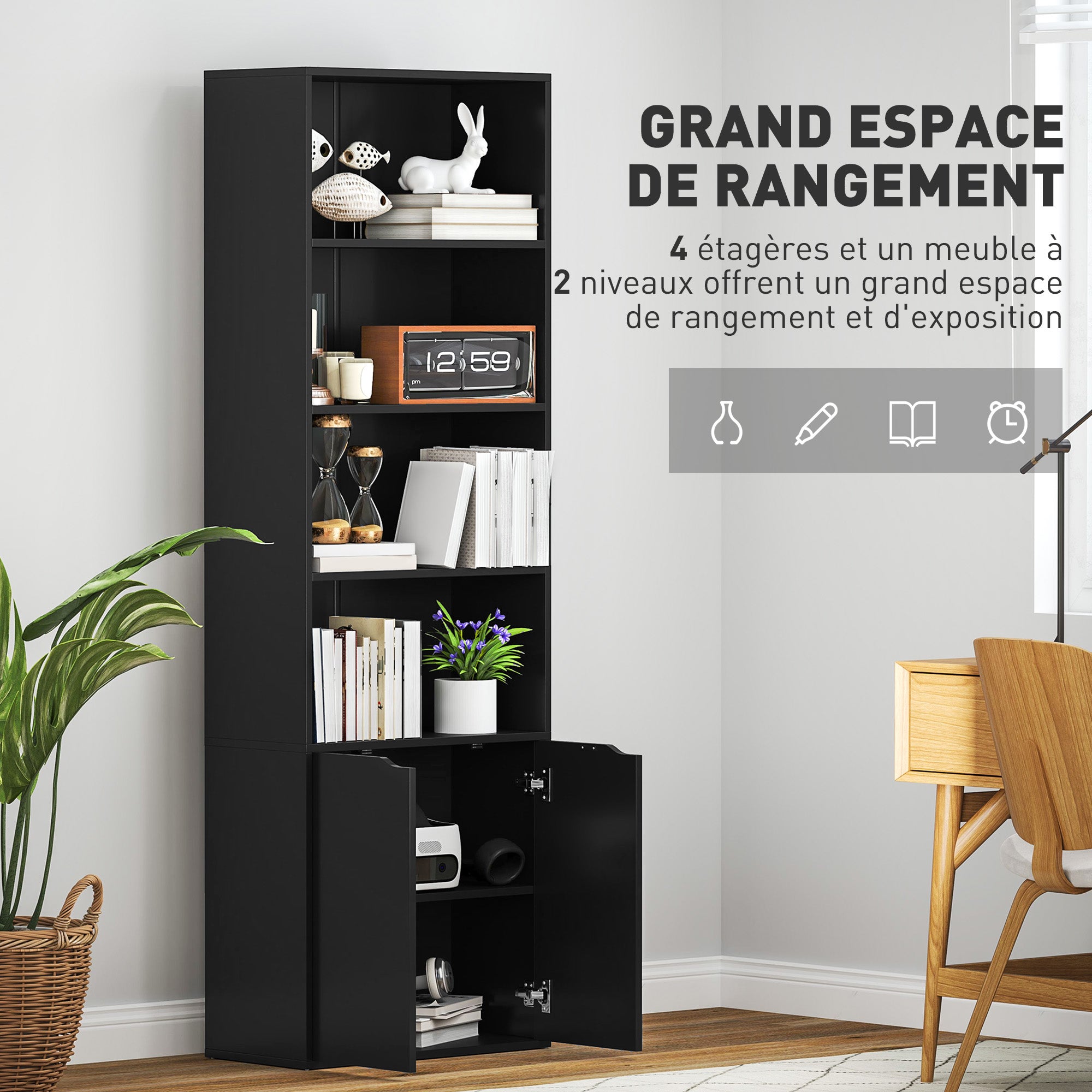 Bookcase Storage Shelf with 4 Open Compartments and 2 Doors, Storage Shelf for Living Room, Bedroom, Office, 59 x 29 x 180 cm, Black