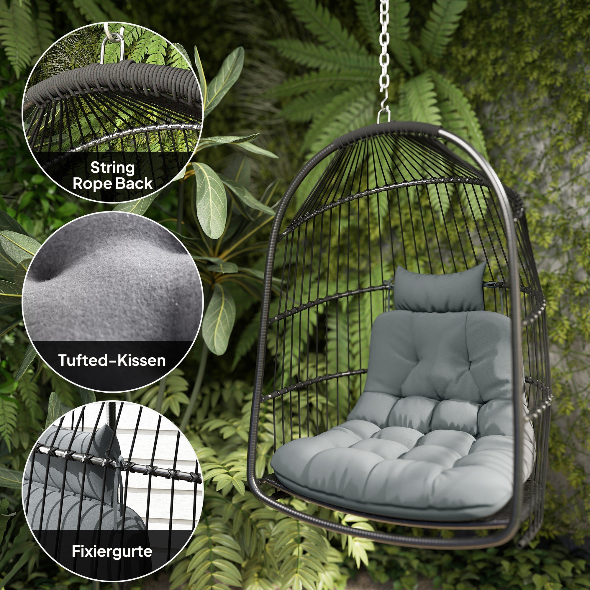 Hanging Chair Hanging Basket with Cushion Poly Rattan Swing Outdoor Indoor Foldable Hanging Chair Loadable up to 150kg Hanging Swing Basket Hanging Chair for Living Room Balcony Terrace Dark Gray