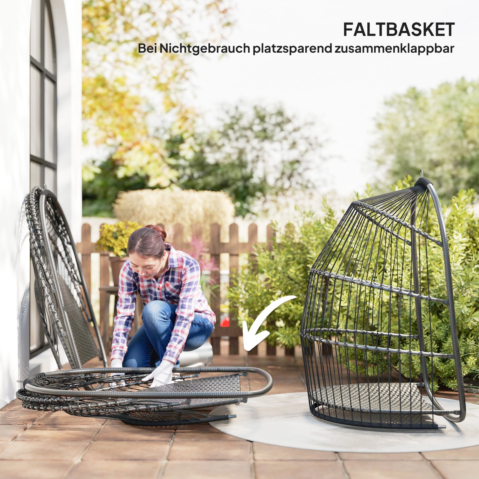 Hanging Chair Hanging Basket with Cushion Poly Rattan Swing Outdoor Indoor Foldable Hanging Chair Loadable up to 150kg Hanging Swing Basket Hanging Chair for Living Room Balcony Terrace Dark Gray