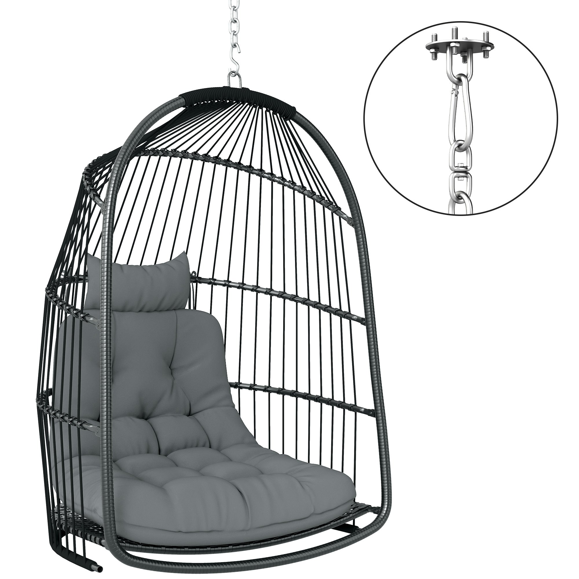 Hanging Chair Hanging Basket with Cushion Poly Rattan Swing Outdoor Indoor Foldable Hanging Chair Loadable up to 150kg Hanging Swing Basket Hanging Chair for Living Room Balcony Terrace Dark Gray
