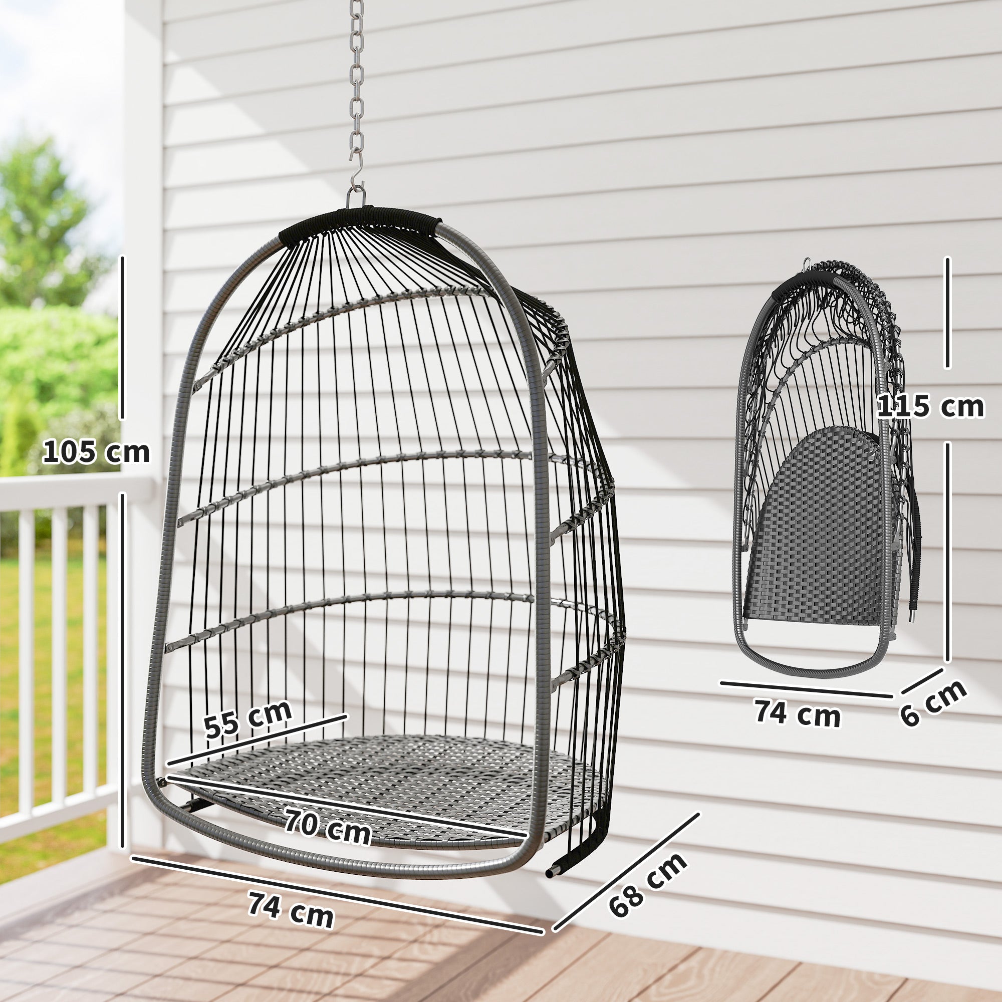 Hanging Chair Hanging Basket with Cushion Poly Rattan Swing Outdoor Indoor Foldable Hanging Chair Loadable up to 150kg Hanging Swing Basket Hanging Chair for Living Room Balcony Terrace Dark Gray