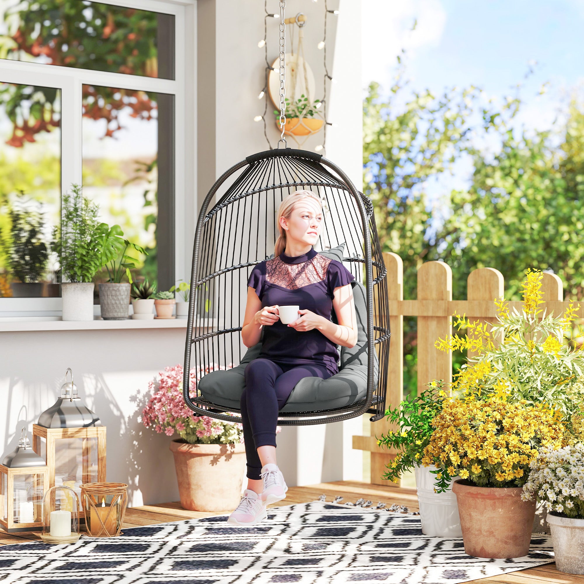 Hanging Chair Hanging Basket with Cushion Poly Rattan Swing Outdoor Indoor Foldable Hanging Chair Loadable up to 150kg Hanging Swing Basket Hanging Chair for Living Room Balcony Terrace Dark Gray