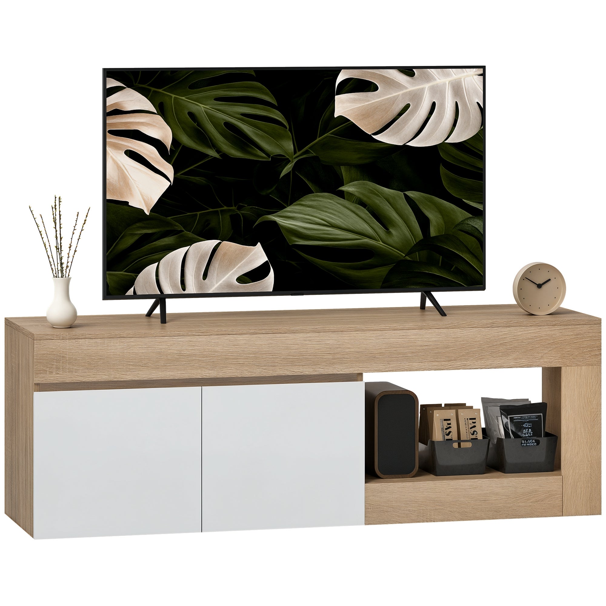 TV Furniture TV Stand for TVs up to 60 Inches with 2-Door Cabinet and Open Shelf for Living Room Bedroom, 140 x 40 x 48 cm, Natural Wood Effect
