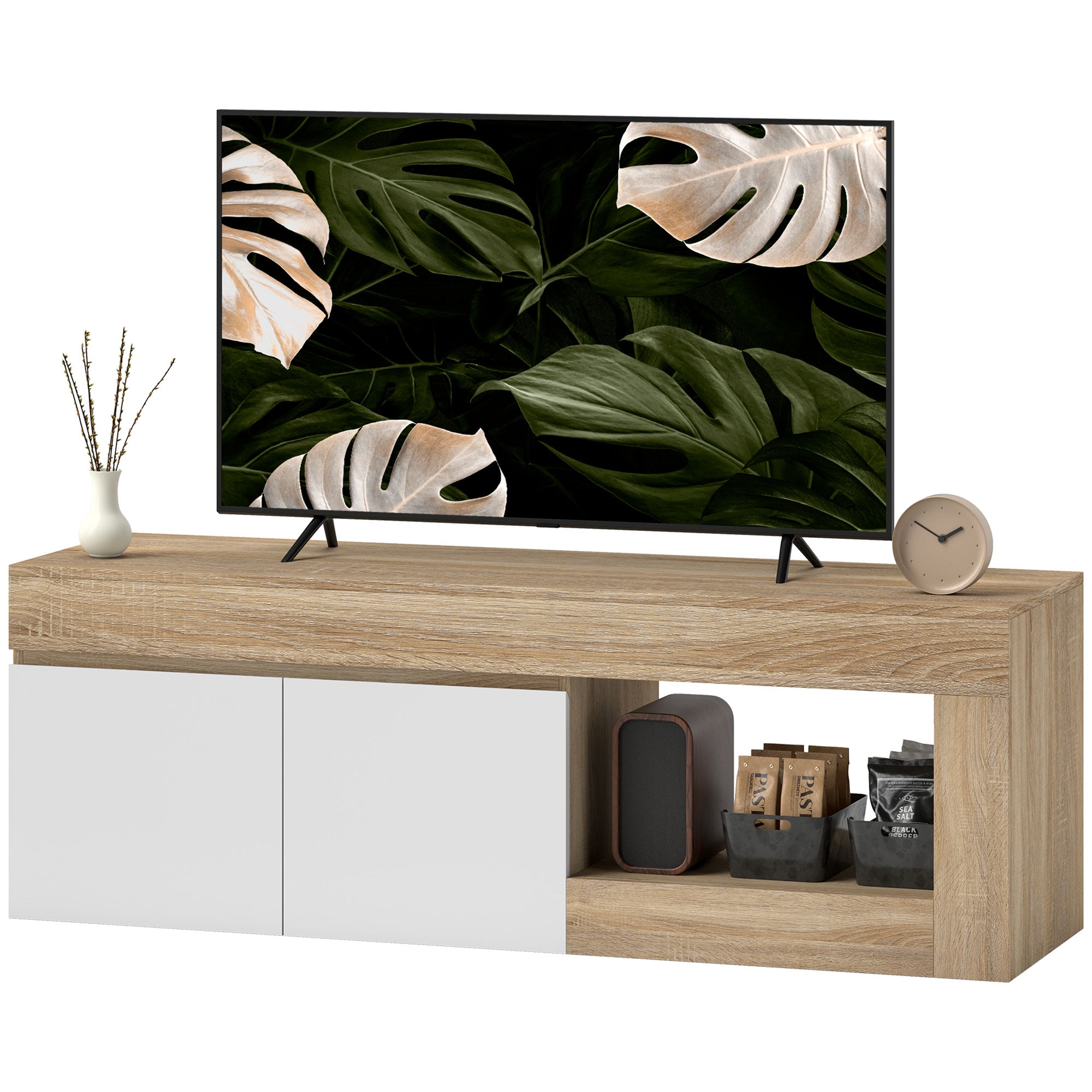 TV Furniture TV Stand for TVs up to 60 Inches with 2-Door Cabinet and Open Shelf for Living Room Bedroom, 140 x 40 x 48 cm, Natural Wood Effect