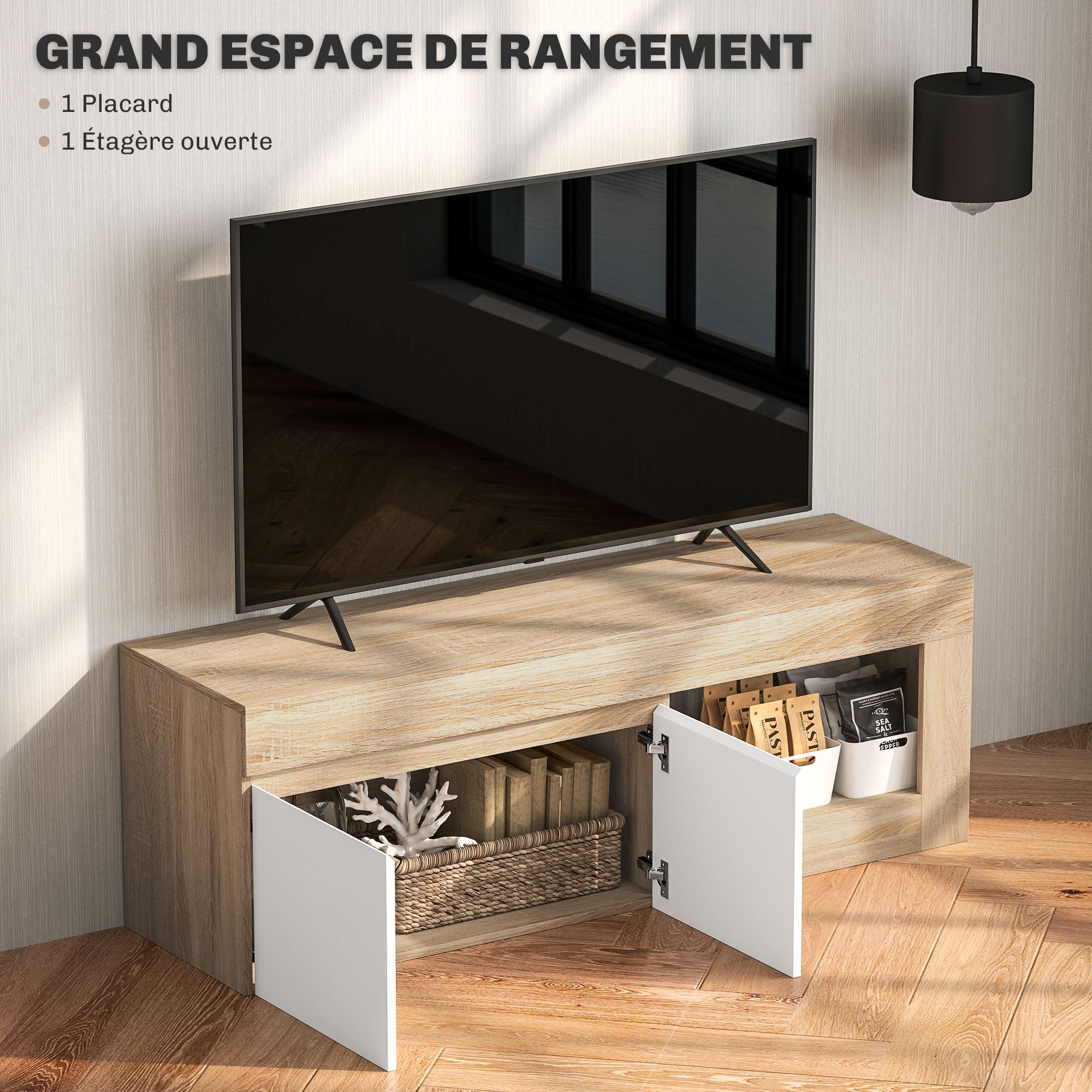 TV Furniture TV Stand for TVs up to 60 Inches with 2-Door Cabinet and Open Shelf for Living Room Bedroom, 140 x 40 x 48 cm, Natural Wood Effect