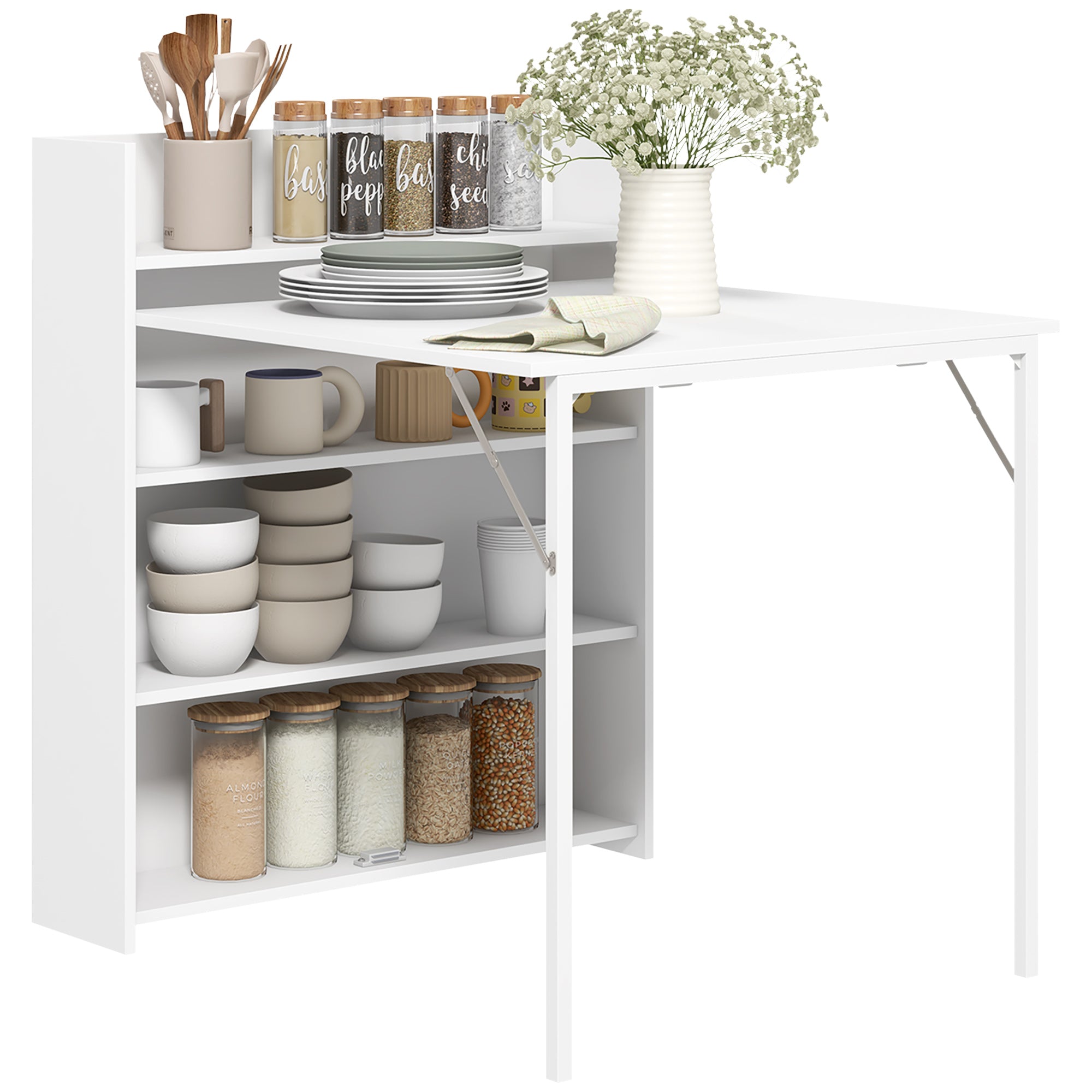 Folding Dining Table Kitchen Table for 3 Persons with 4-Tier Shelves, Modern Folding Dining Table for Small Spaces, Kitchen, 80 x 90 x 93 cm, White