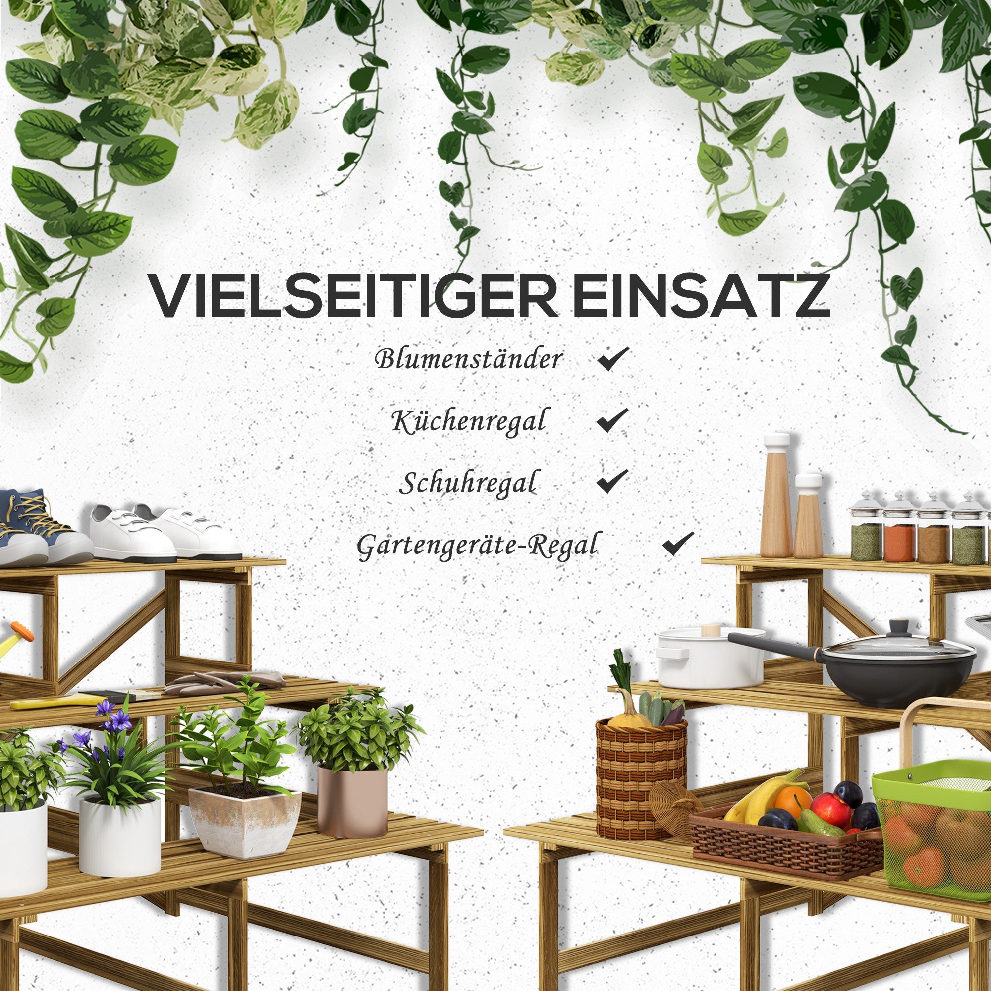 3-Tier Plant Stand, Foldable 78 cm High Flower Stand for Indoor Outdoor, Wooden Plant Shelf, Flower Stand with Trays, Flower Staircase for Living Room, Garden Balcony, Natural Wood