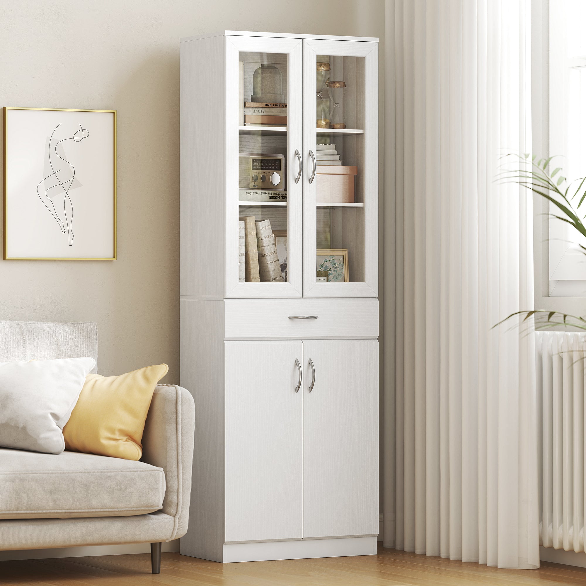 Tall Kitchen Pantry Cabinet with Glass Doors, Drawer & Adjustable Shelves, White, 23.6 x 13.8 x 70.9 in