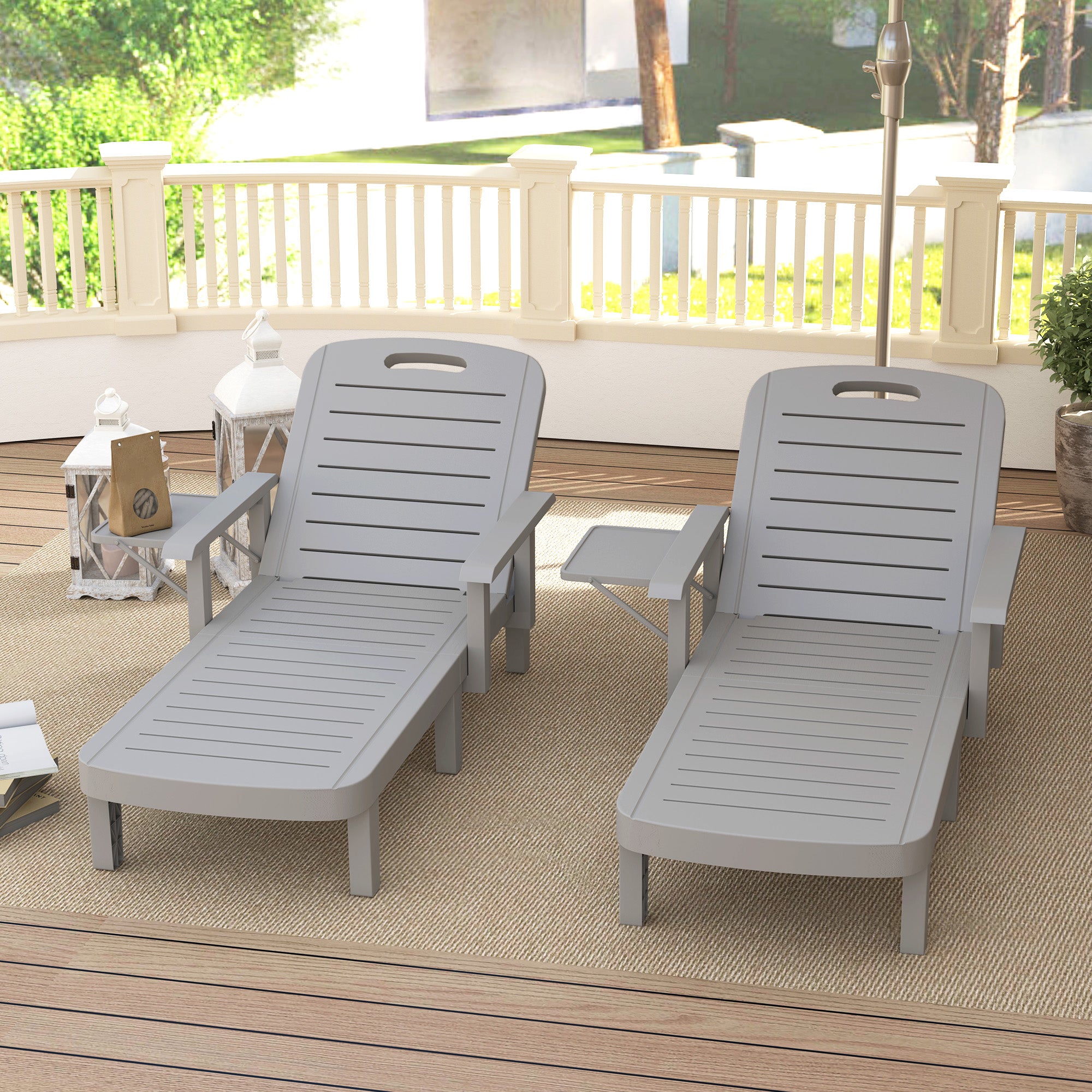 2-Piece Adjustable Backrest Sun Lounger Set with Side Table and Ergonomic Armrests, Waterproof Garden Sun Lounger in Polypropylene, 79x158x88 cm, Light Gray