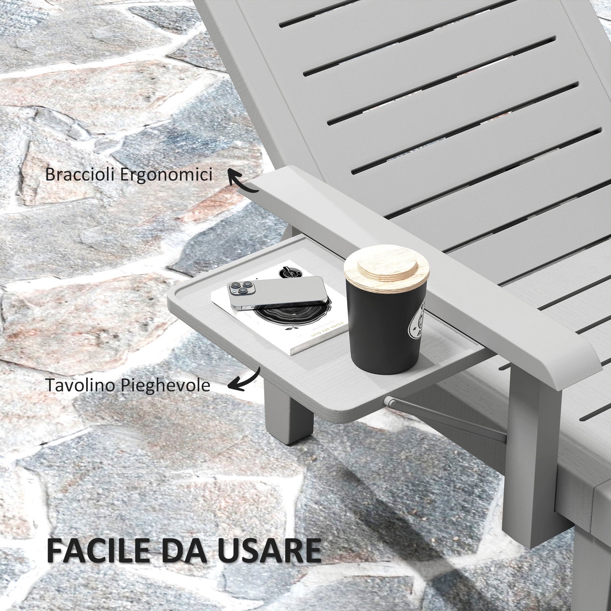 2-Piece Adjustable Backrest Sun Lounger Set with Side Table and Ergonomic Armrests, Waterproof Garden Sun Lounger in Polypropylene, 79x158x88 cm, Light Gray