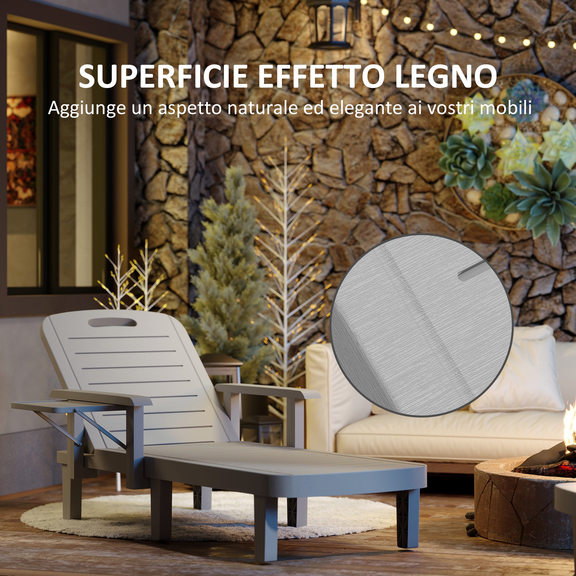 2-Piece Adjustable Backrest Sun Lounger Set with Side Table and Ergonomic Armrests, Waterproof Garden Sun Lounger in Polypropylene, 79x158x88 cm, Light Gray