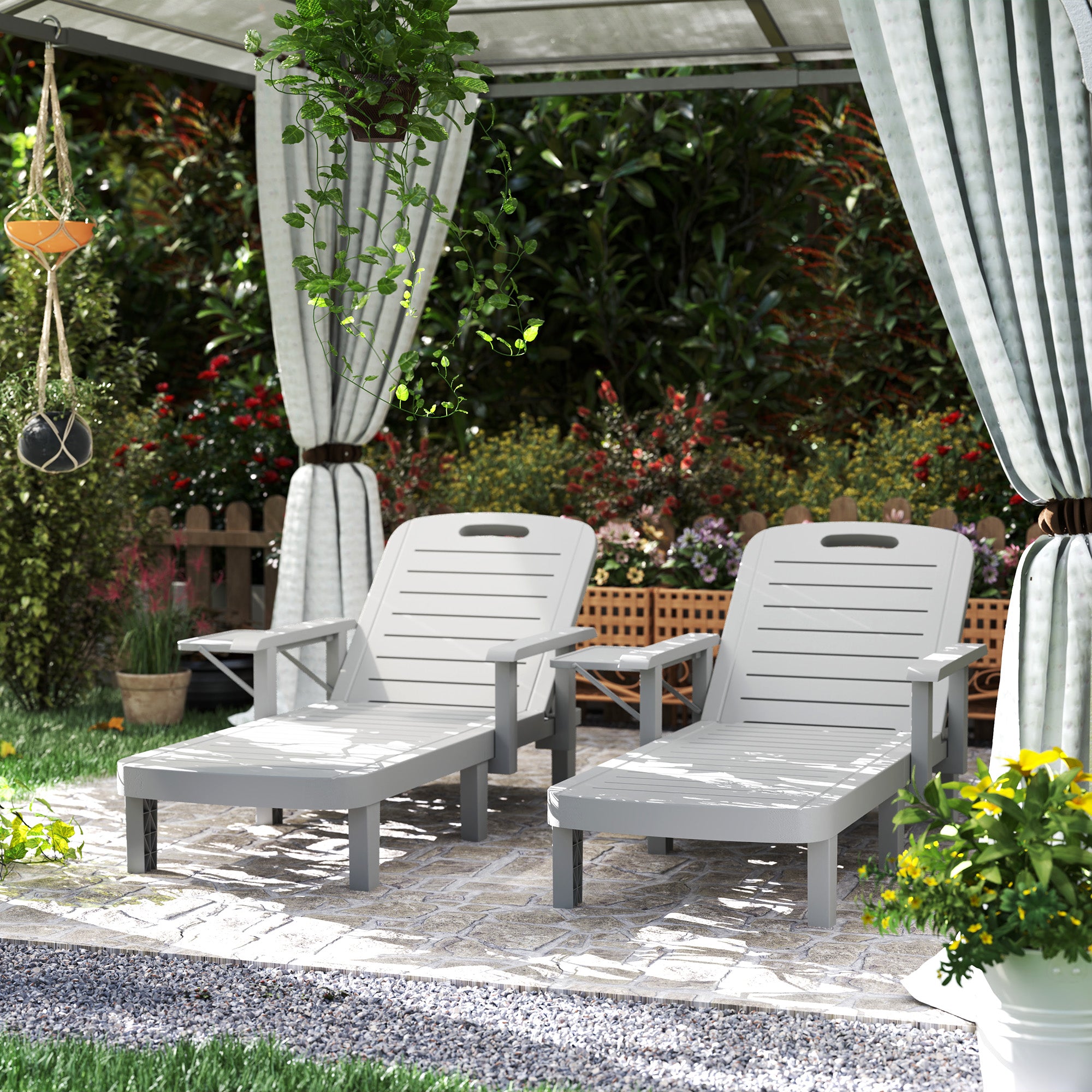 2-Piece Adjustable Backrest Sun Lounger Set with Side Table and Ergonomic Armrests, Waterproof Garden Sun Lounger in Polypropylene, 79x158x88 cm, Light Gray