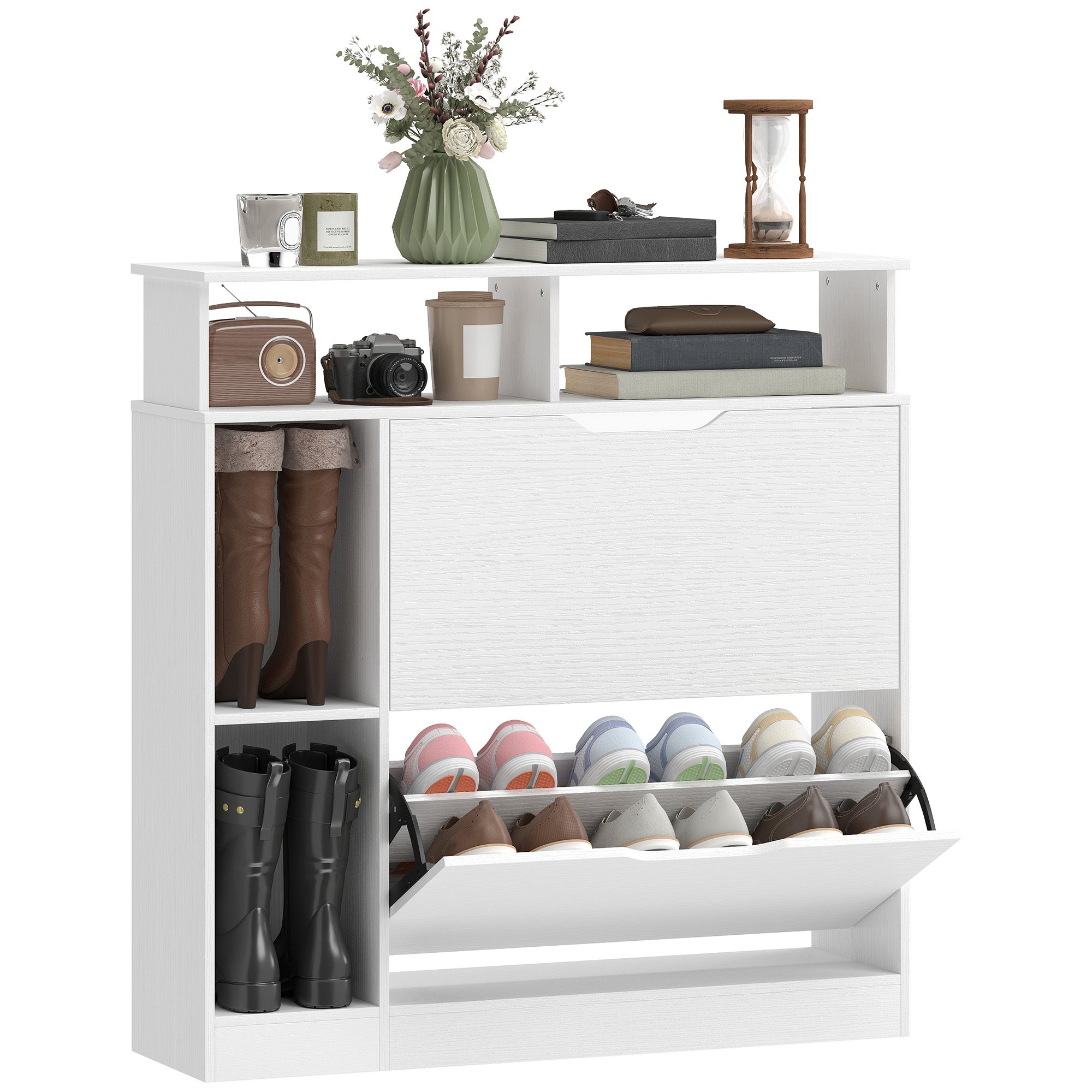 Narrow Shoe Cabinet with 2 Flip Drawers, Open Compartments & Adjustable Shelf, for Hallway & Entry, 35 x 9.8 x 36.2 in, White