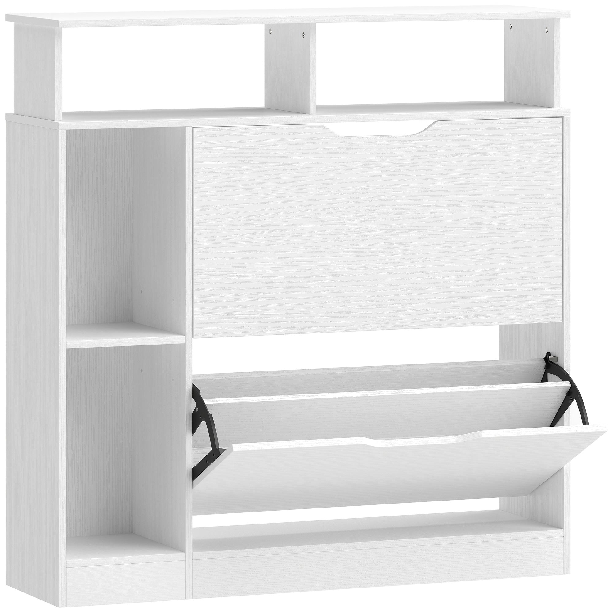 Narrow Shoe Cabinet with 2 Flip Drawers, Open Compartments & Adjustable Shelf, for Hallway & Entry, 35 x 9.8 x 36.2 in, White