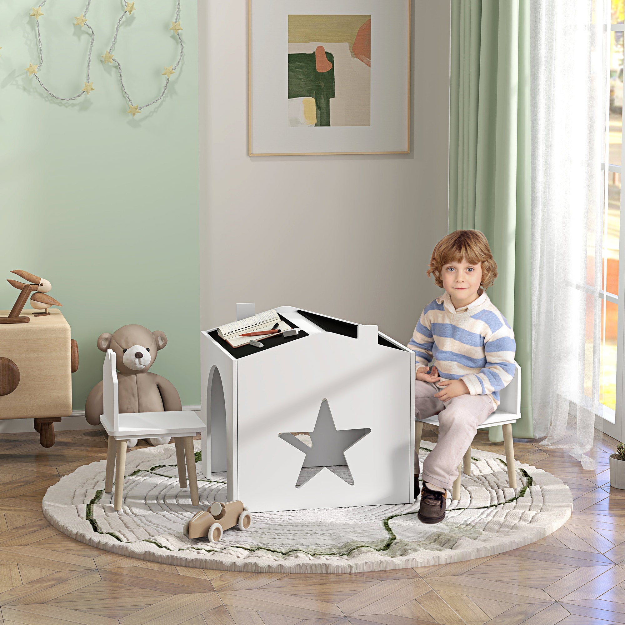 Set 1 Table and 2 Chairs 3-piece for Kids with Slate, Pine Legs, for 3-8 years, White