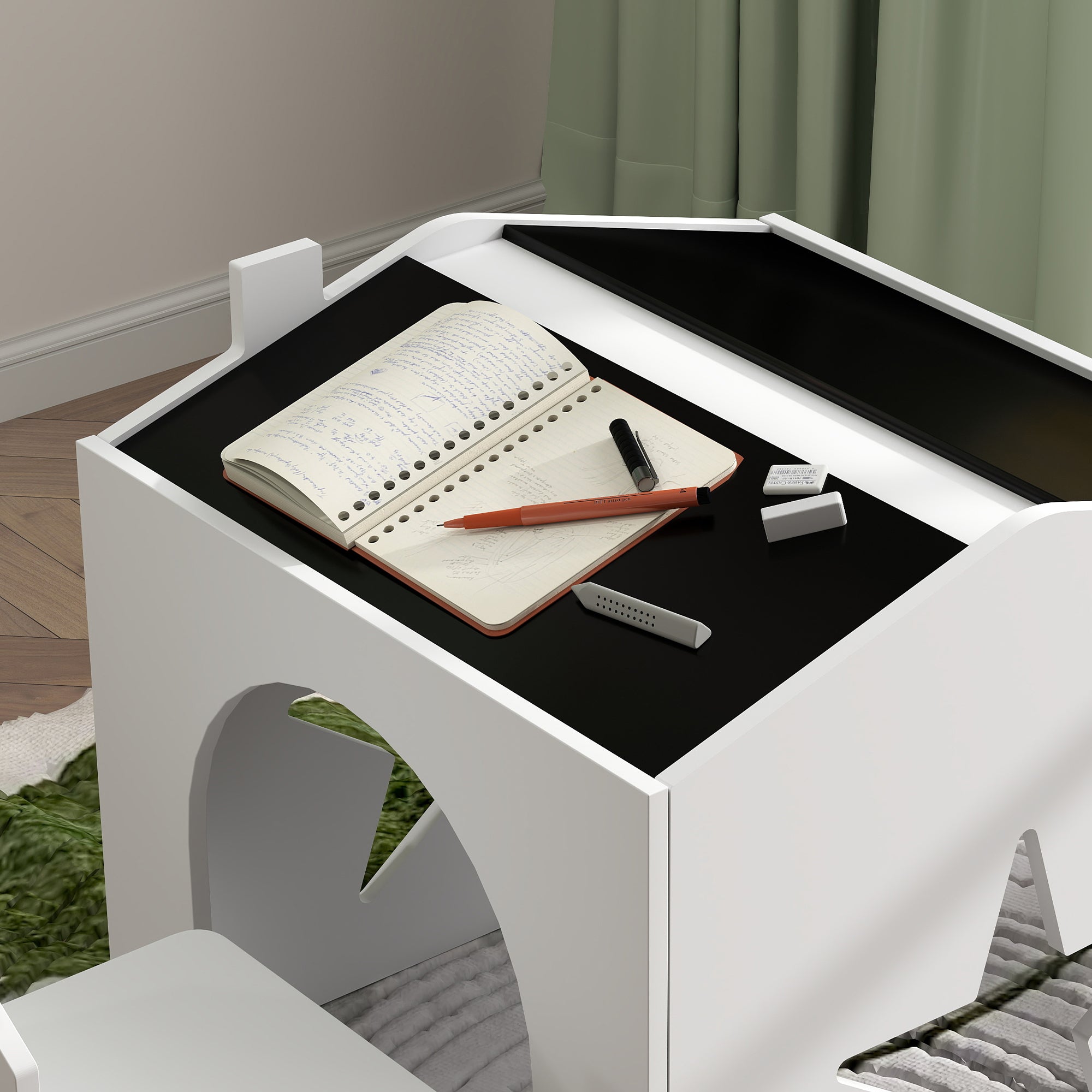 Set 1 Table and 2 Chairs 3-piece for Kids with Slate, Pine Legs, for 3-8 years, White