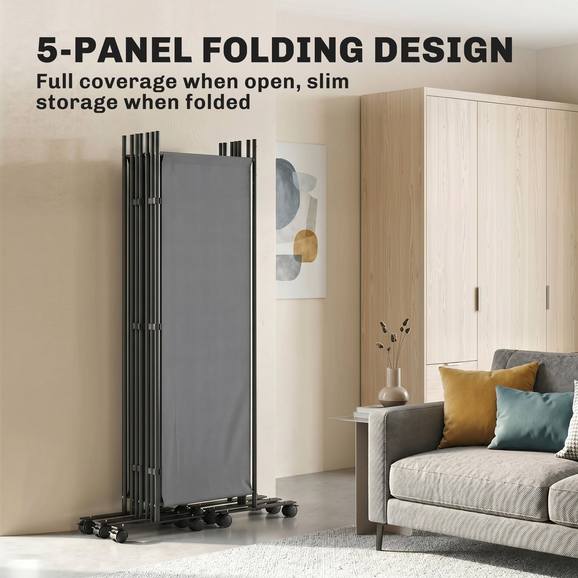 5-Panel Room Divider 99 x 16 x 67 in — Freestanding Folding Privacy Screen with 12 Wheels, Metal Frame, Water-Resistant Polyester, Dark Gray (Indoor/Covered Outdoor)