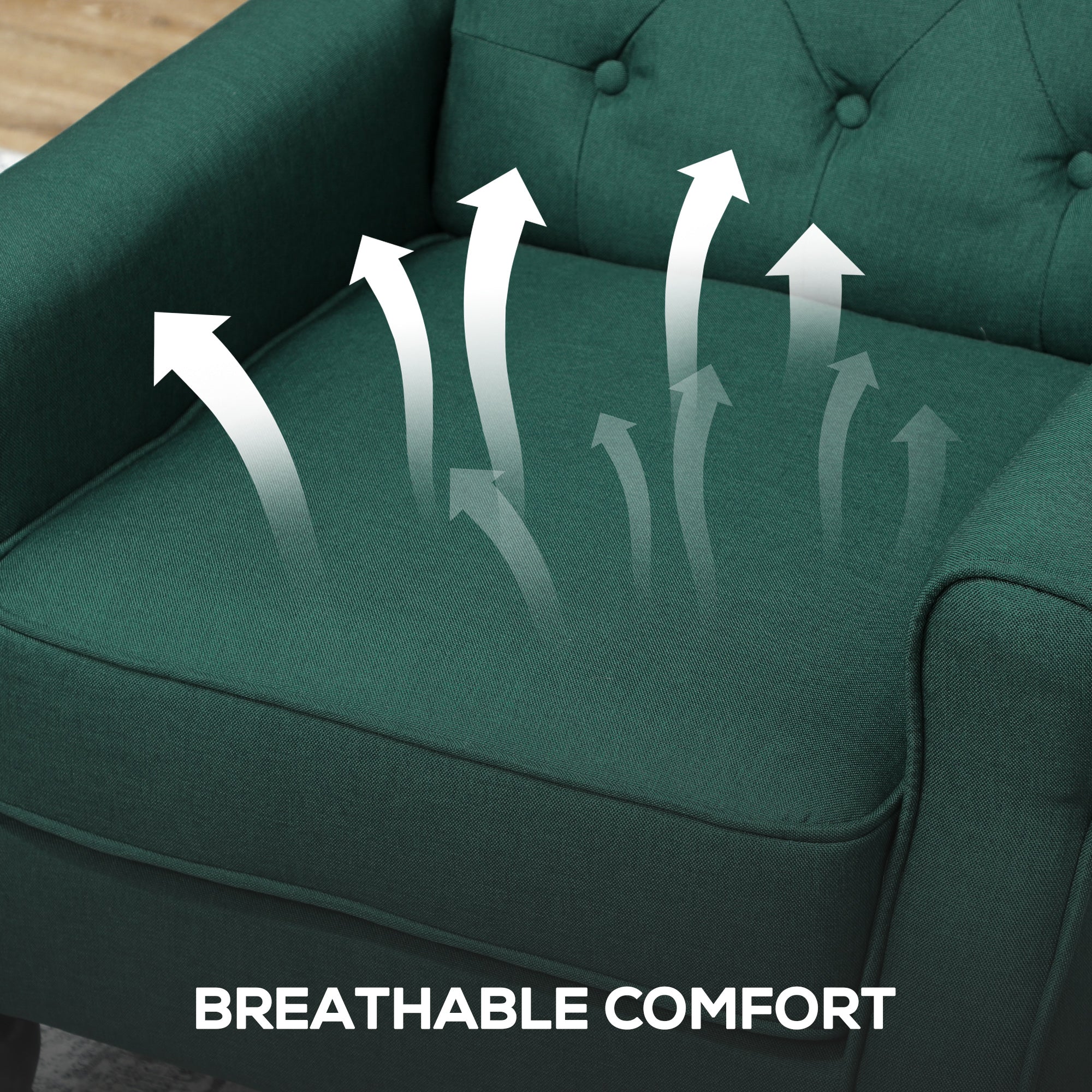 Wingback Armchair with Armrests, Tufted High-Back Lounge Chair with Cushion, Eucalyptus Wood Legs, Dark Green