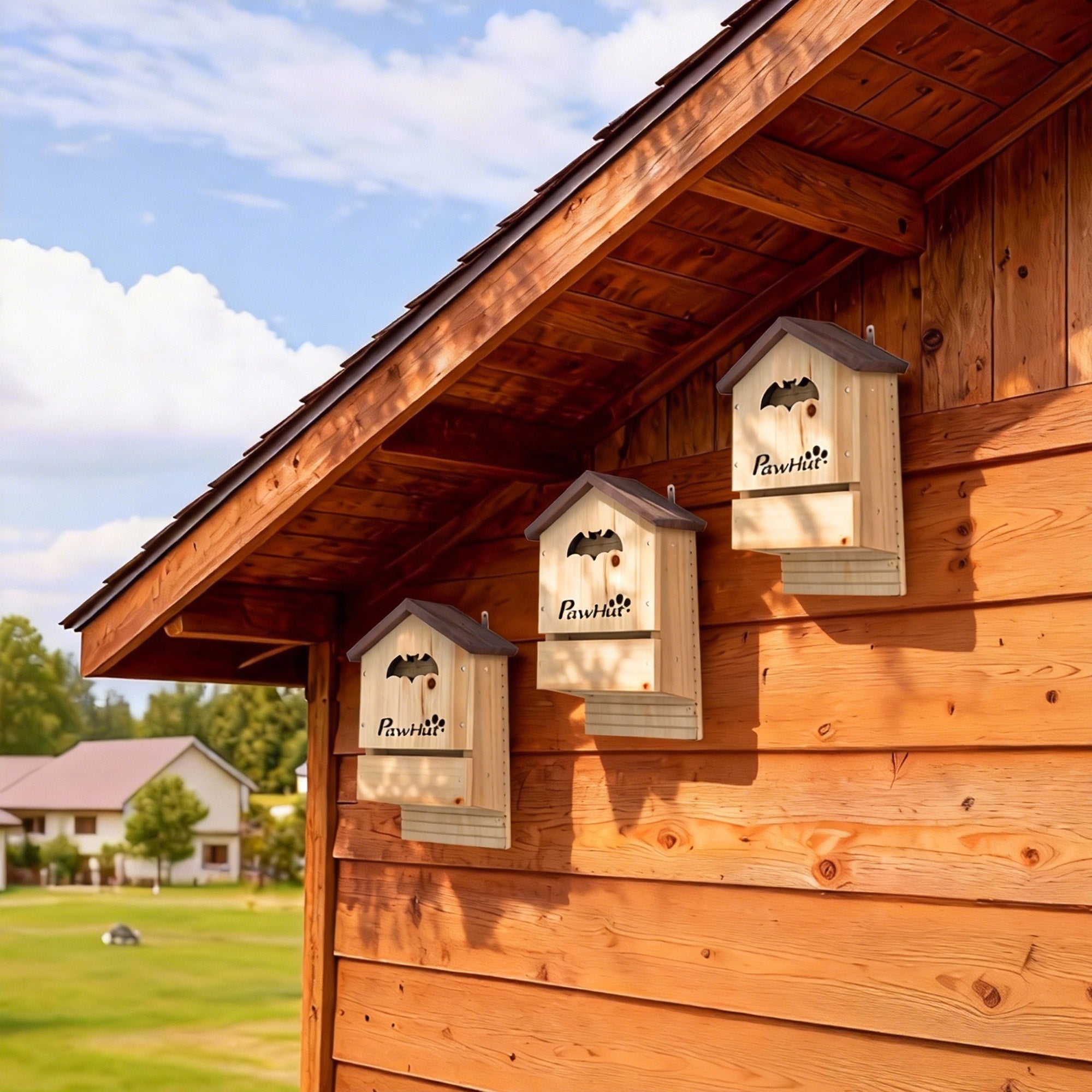 3-Pack Pine Bat Houses — Double-Chamber, Easy-Access Roosts, Easy to Hang, Natural Wood Effect, 8.5 x 4.5 x 13.4 in