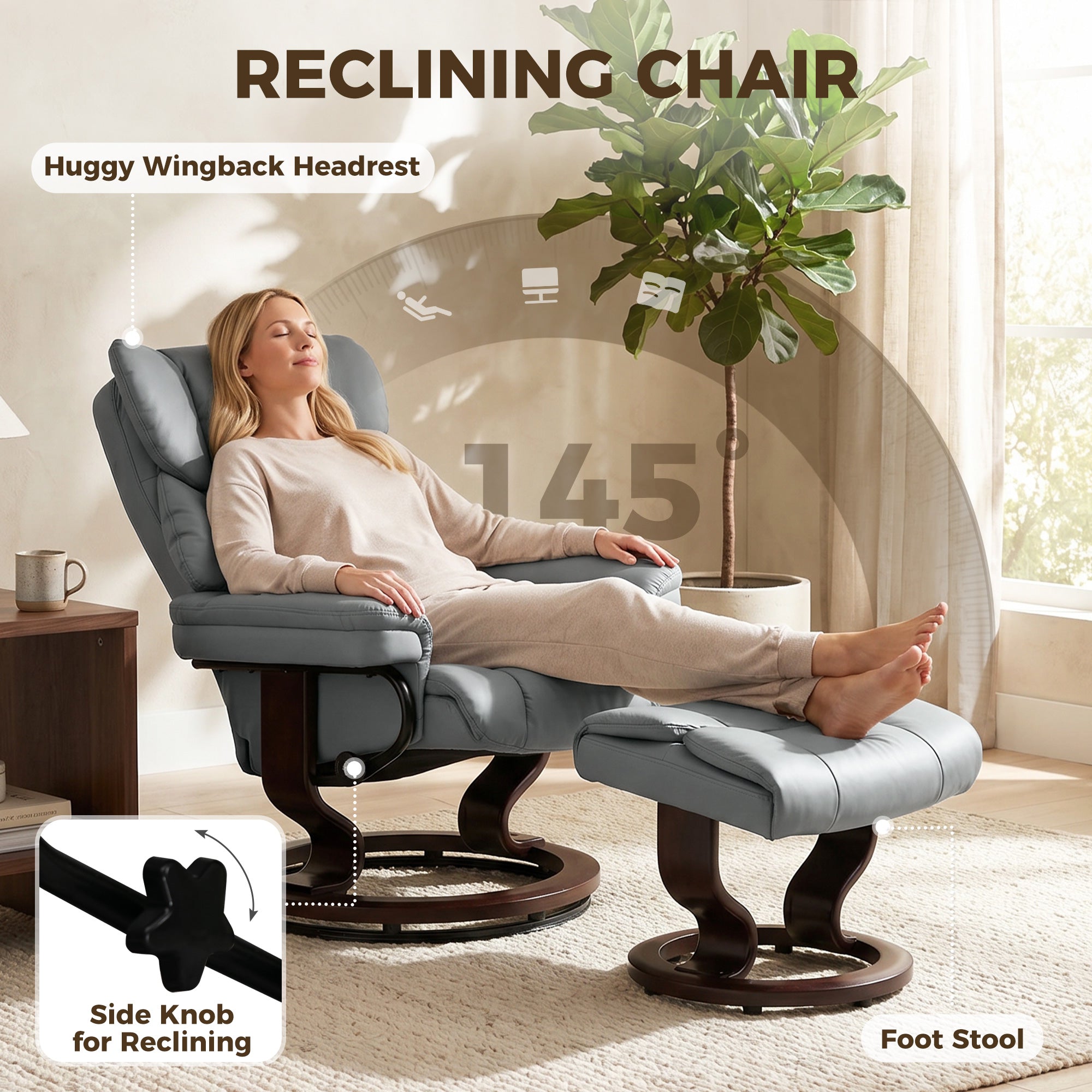 Recliner with Ottoman, 360° Swivel TV Chair with 145° Recline, PU Leather, Light Gray