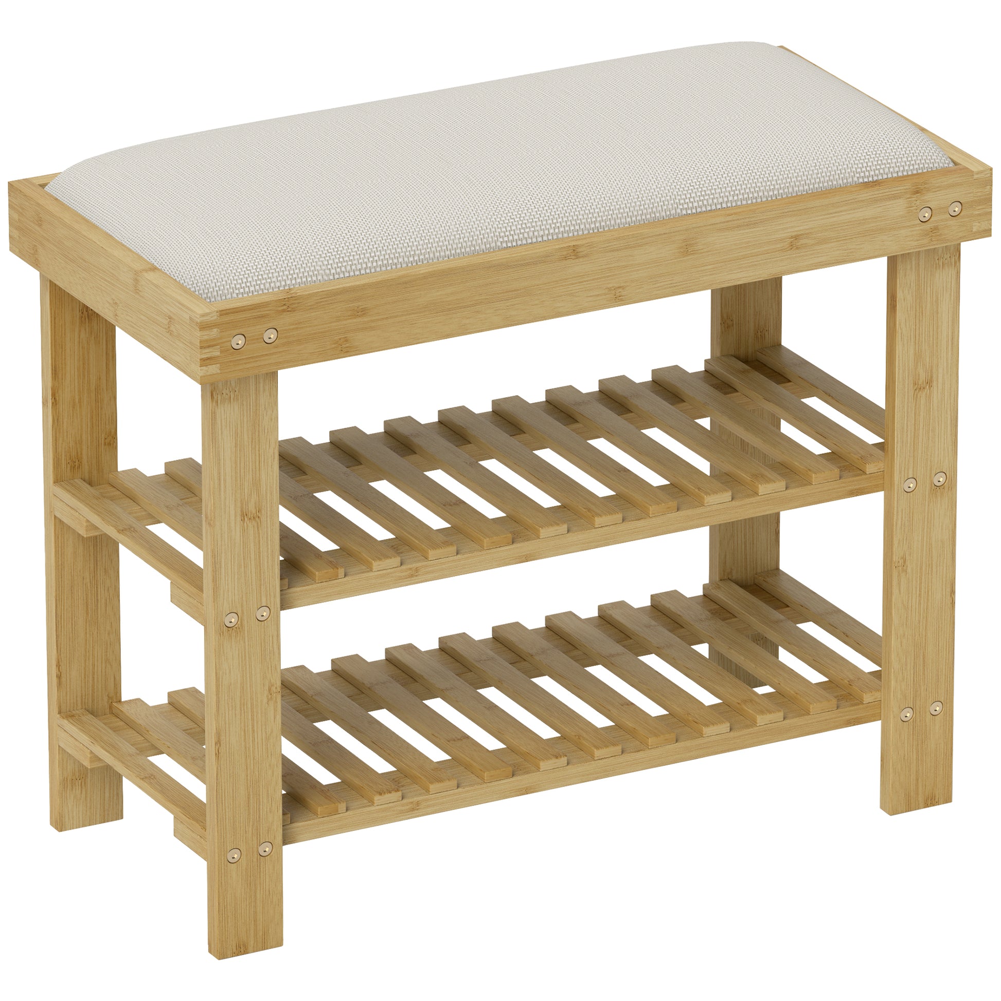 Shoe Bench with Seat, Bamboo Bench with Storage Space, Shoe Rack with 2 Open Shelves, Bench, Hallway Bench for Living Room, Hallway, 60 x 29 x 49 cm Cream White