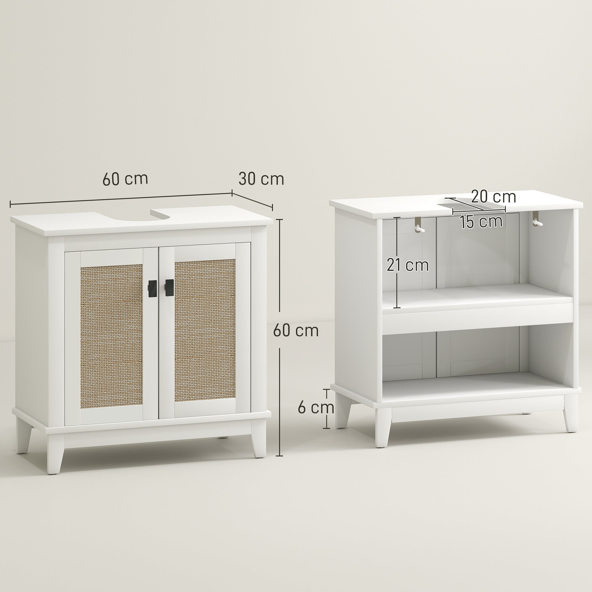Bathroom Sink Cabinet with Pedestal Stand with 2 PE Rattan Doors 2 Shelves and Anti-overturn System for Bathroom 60x30x60 cm White