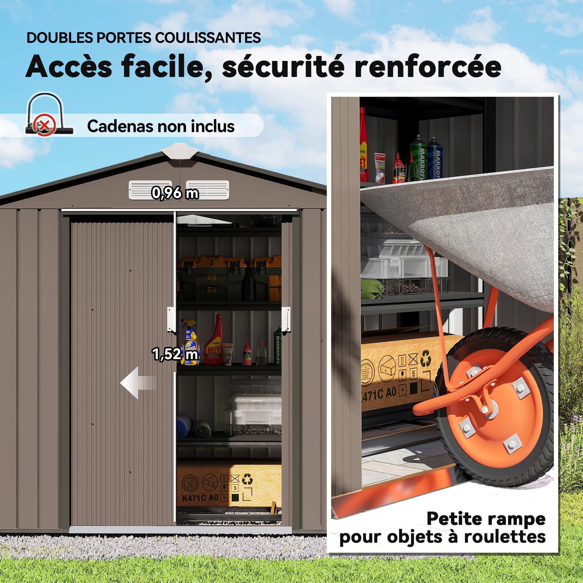 Metal Storage Shed 2.5m² - Storage Shed with Foundation - Lockable Door - Dimensions 213L x 130W x 185H cm - Brown Steel Sheet