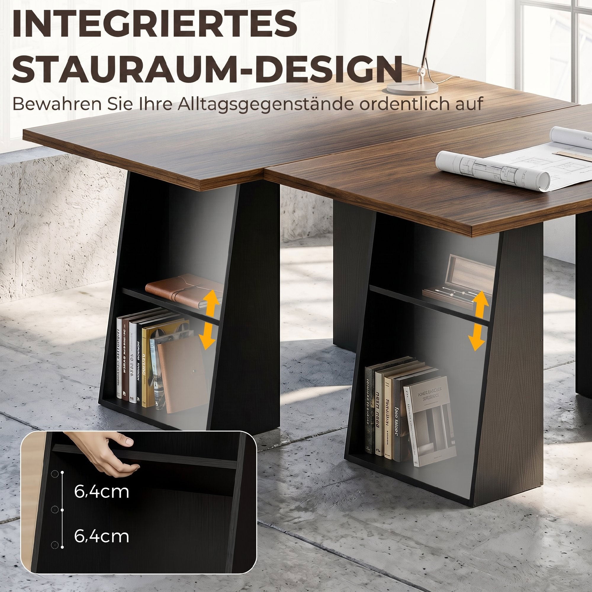 55.1 in (140 cm) Computer Desk with 4 Open Shelves & Trapezoid Metal Frame — Brown Woodgrain / Black