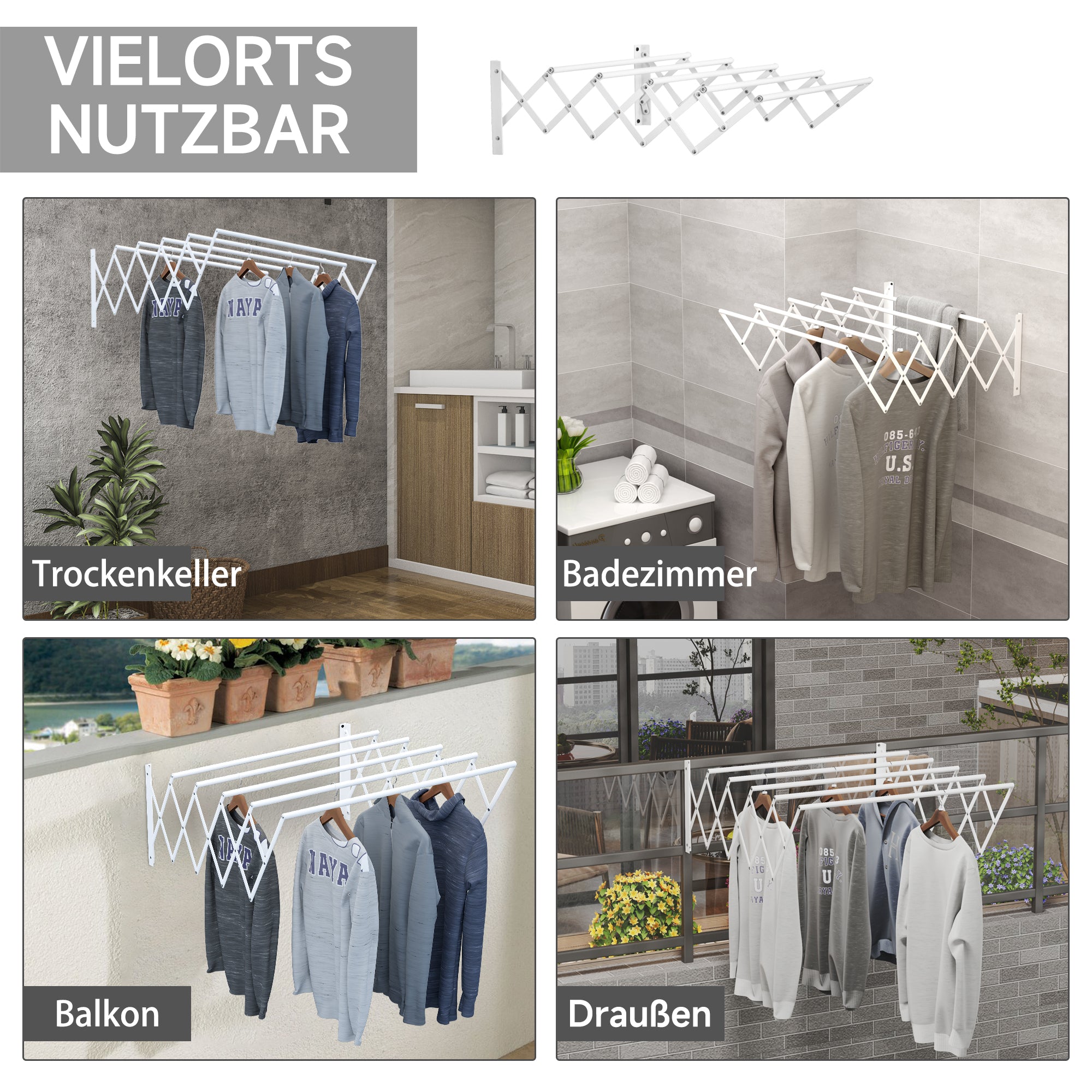 Wall-Mounted Retractable Folding Space-Saving Clothes Drying Rack, Wall Clothes Dryer for Indoor and Outdoor Use, White, 63.5 x 60 x 20 cm