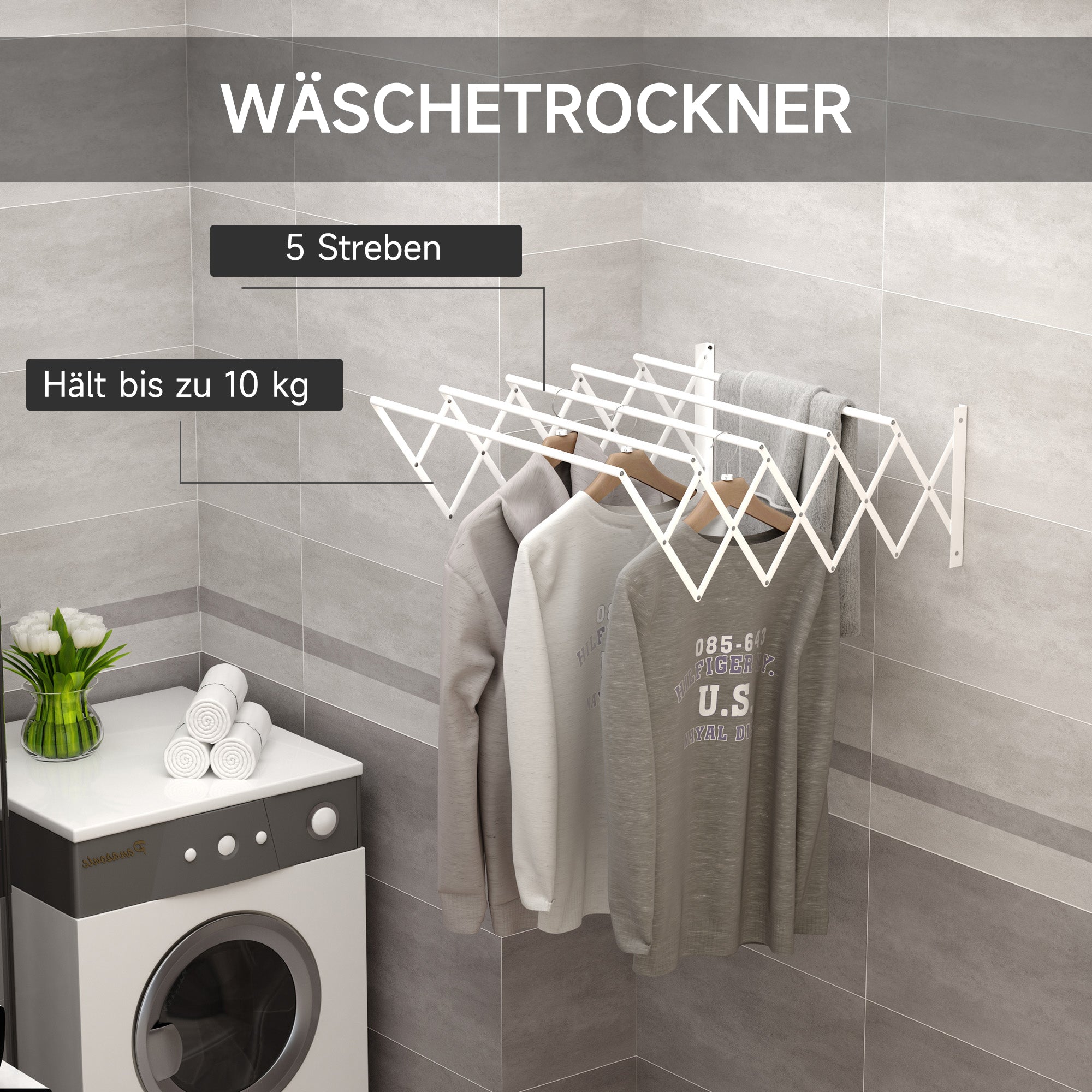 Wall-Mounted Retractable Folding Space-Saving Clothes Drying Rack, Wall Clothes Dryer for Indoor and Outdoor Use, White, 63.5 x 60 x 20 cm