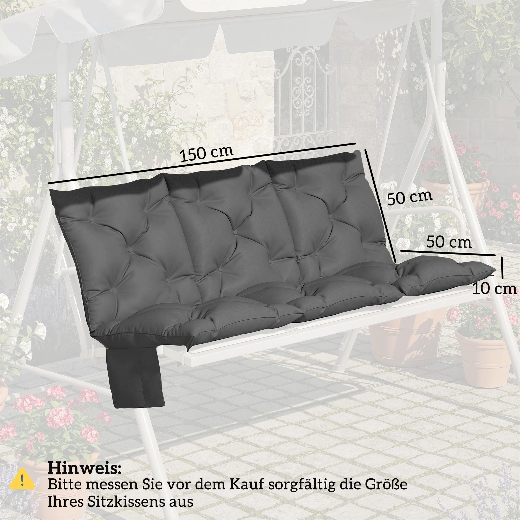 3-Seater Outdoor Bench Cushion 150 x 100 x 10 cm (59.1" x 39.4" x 3.9") — Tufted Seat & Back, Water-Repellent Polyester, UPF 30+, Straps & Side Pocket — Dark Gray