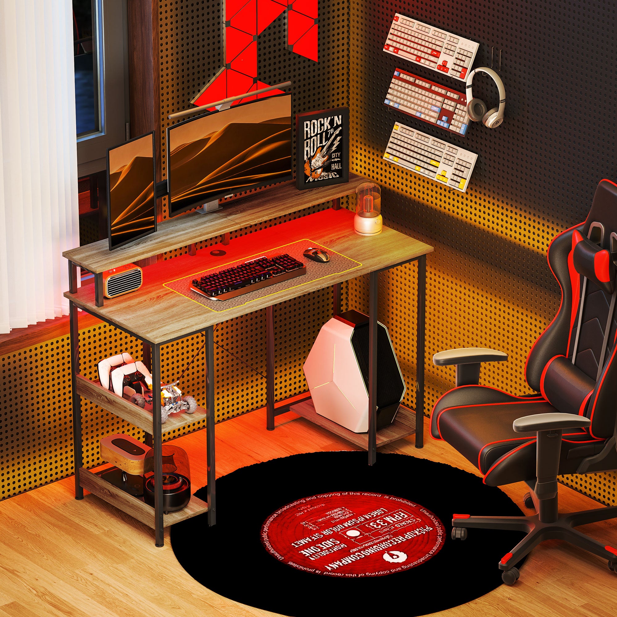 120 cm Reversible Computer Desk with LED Lights, Storage Shelves, Monitor Stand, Cable Management, Home Office Study Desk, Natural