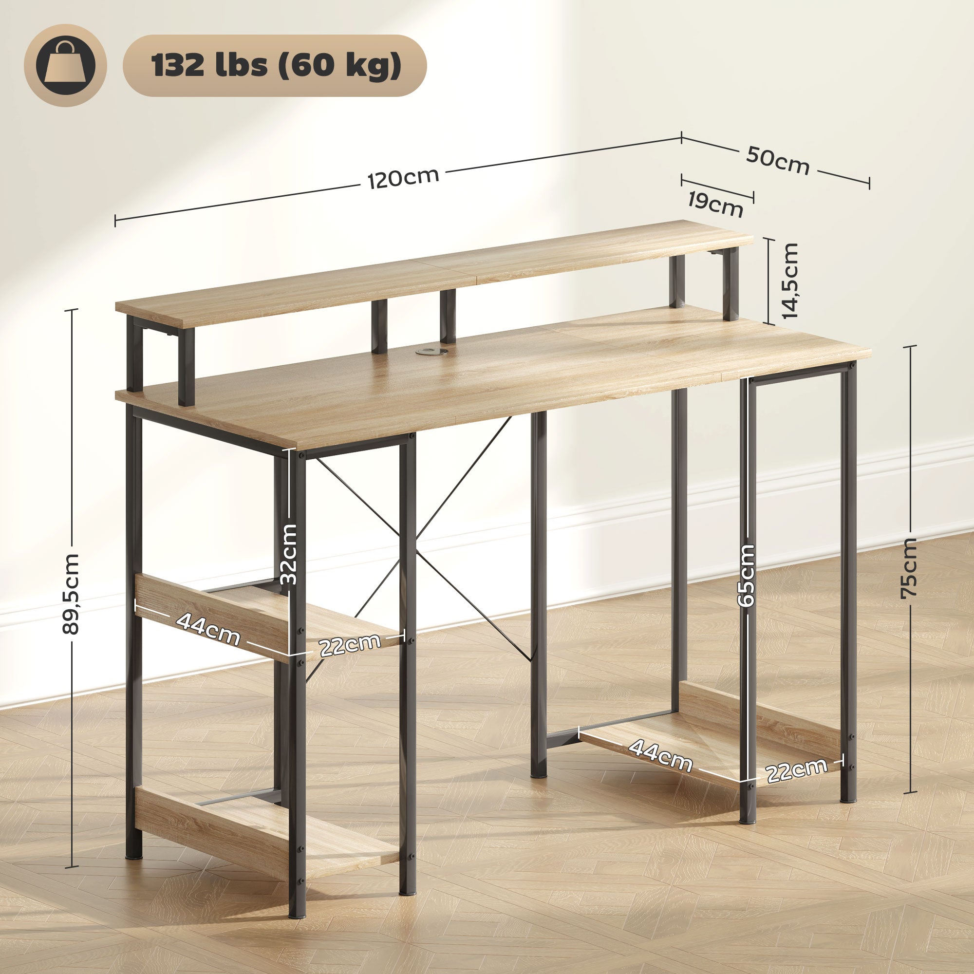 120 cm Reversible Computer Desk with LED Lights, Storage Shelves, Monitor Stand, Cable Management, Home Office Study Desk, Natural