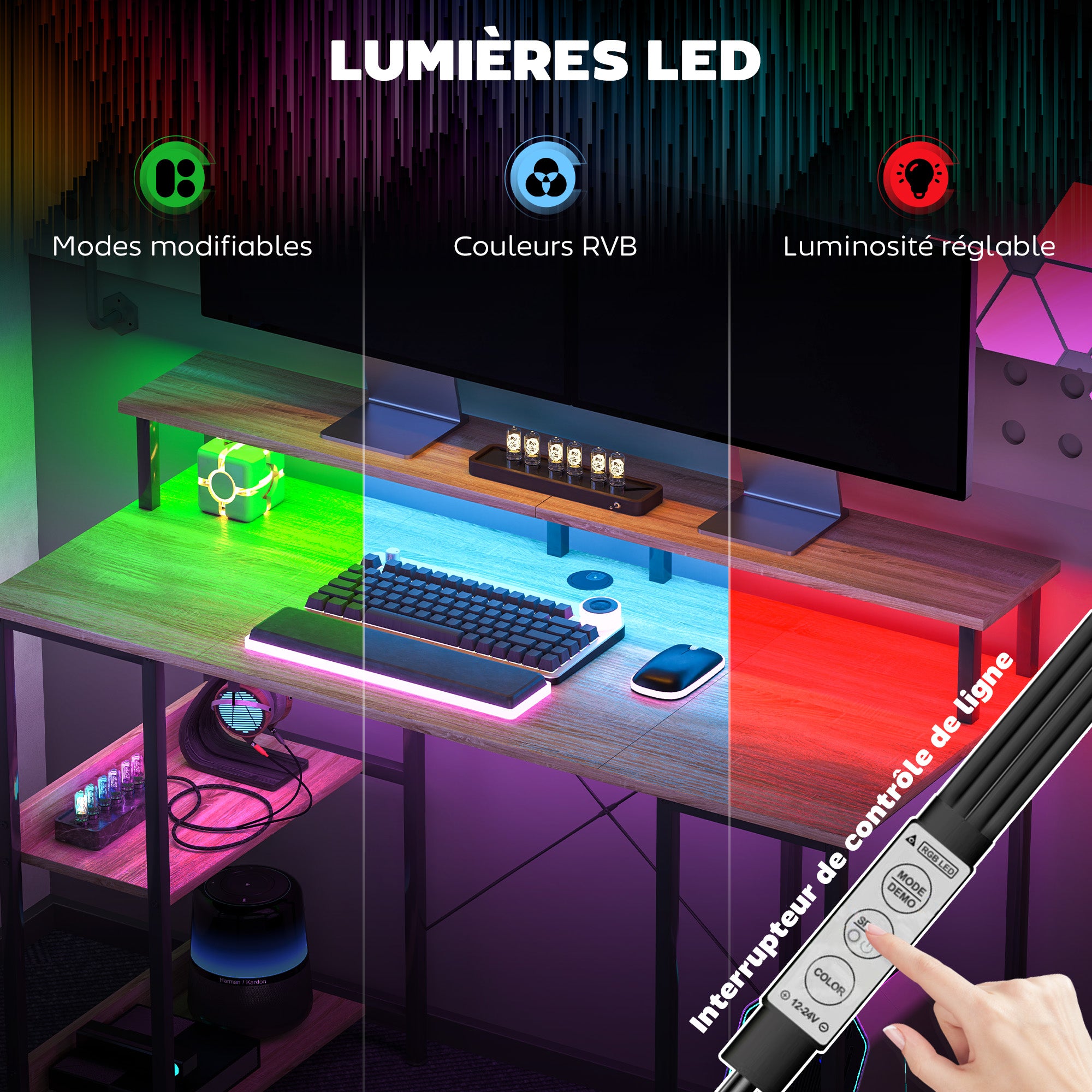 120 cm Reversible Computer Desk with LED Lights, Storage Shelves, Monitor Stand, Cable Management, Home Office Study Desk, Natural