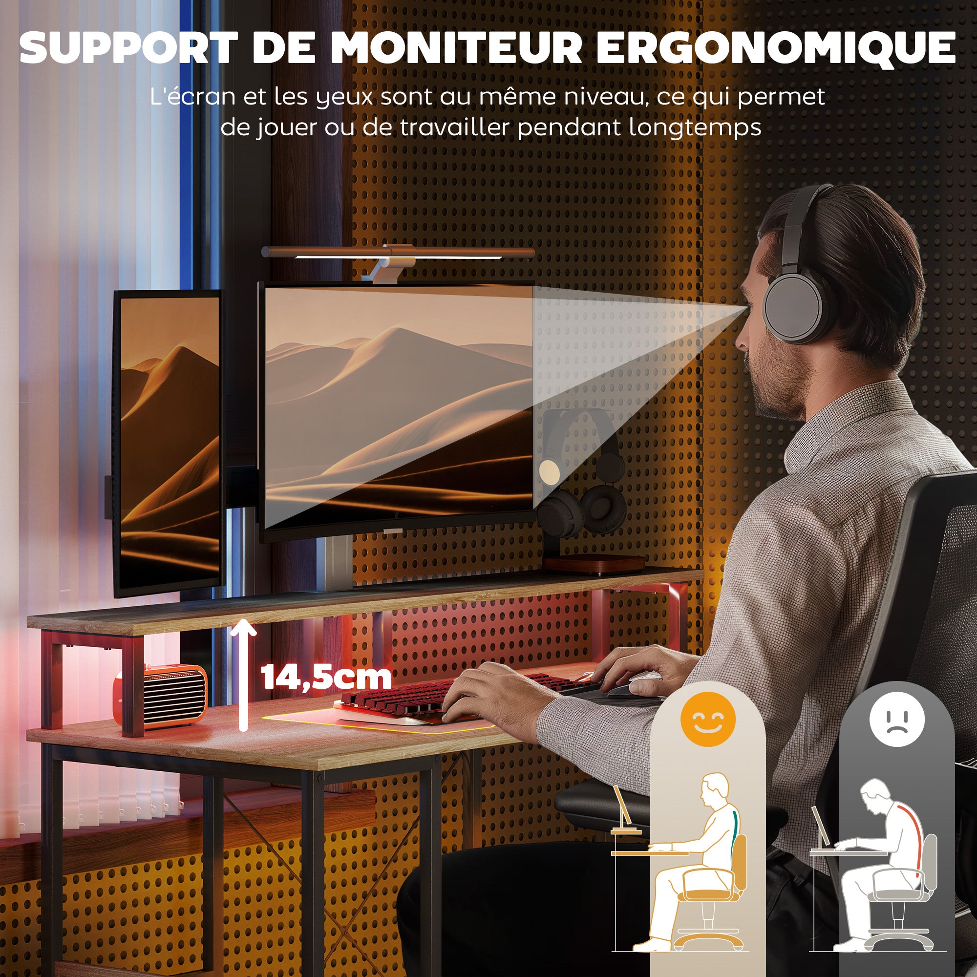 120 cm Reversible Computer Desk with LED Lights, Storage Shelves, Monitor Stand, Cable Management, Home Office Study Desk, Natural