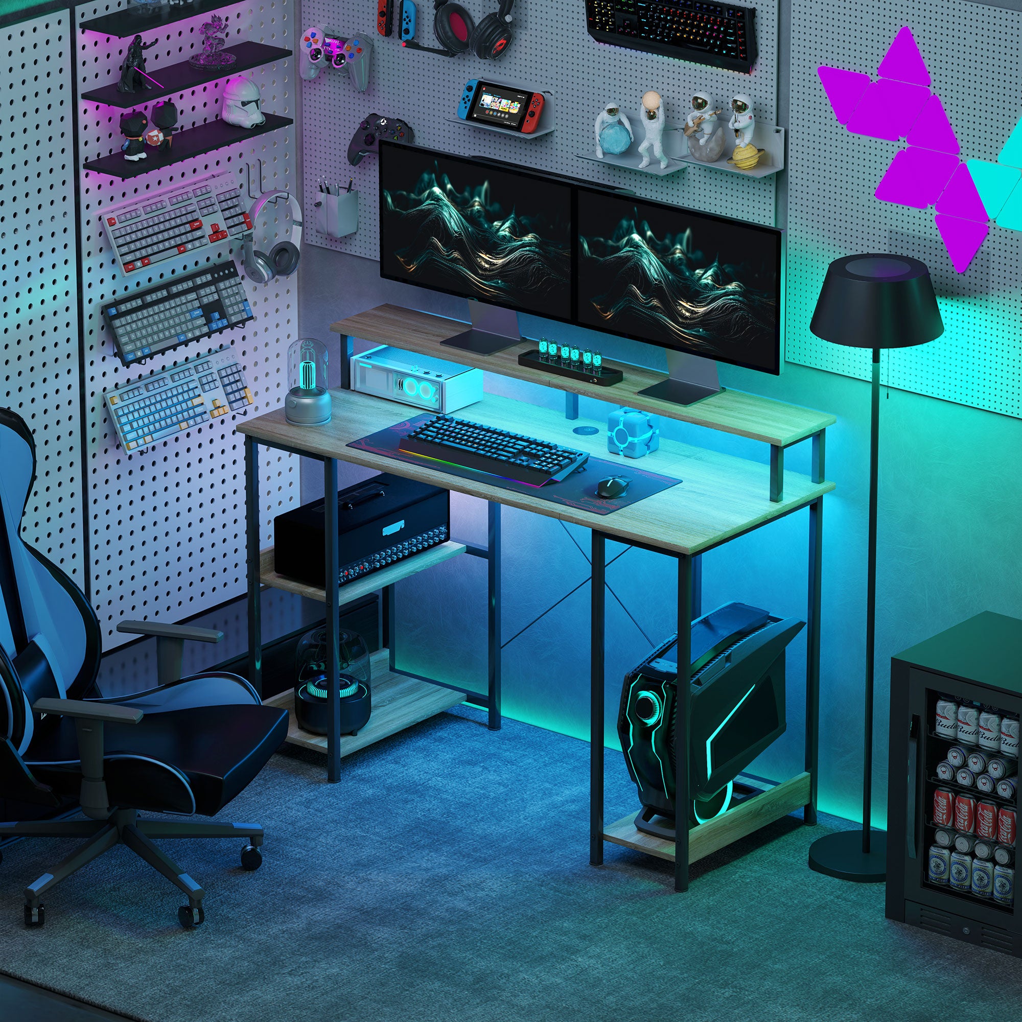 120 cm Reversible Computer Desk with LED Lights, Storage Shelves, Monitor Stand, Cable Management, Home Office Study Desk, Natural