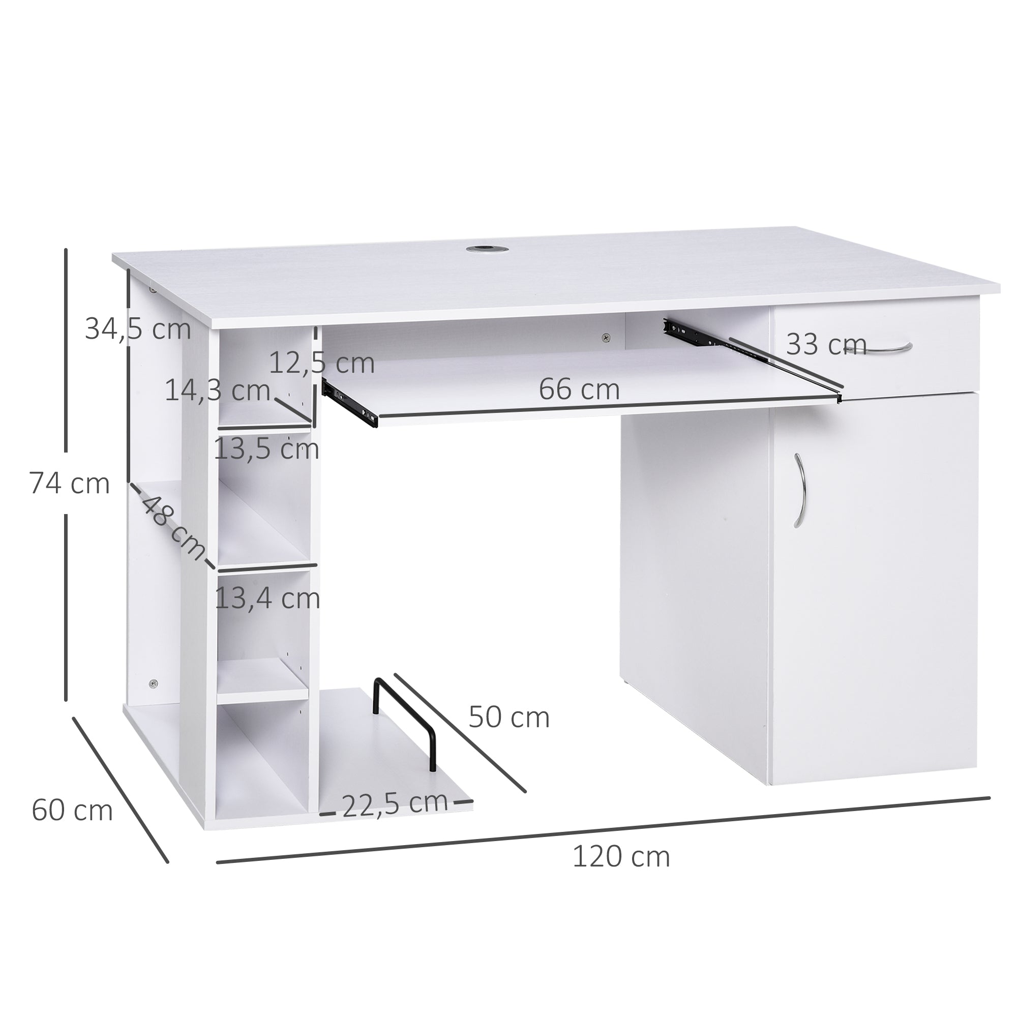 Computer Desk Multimedia Computer Table with Multiple Storage Shelves Drawer Shelf Keyboard MDF 120 x 60 x 74 cm White