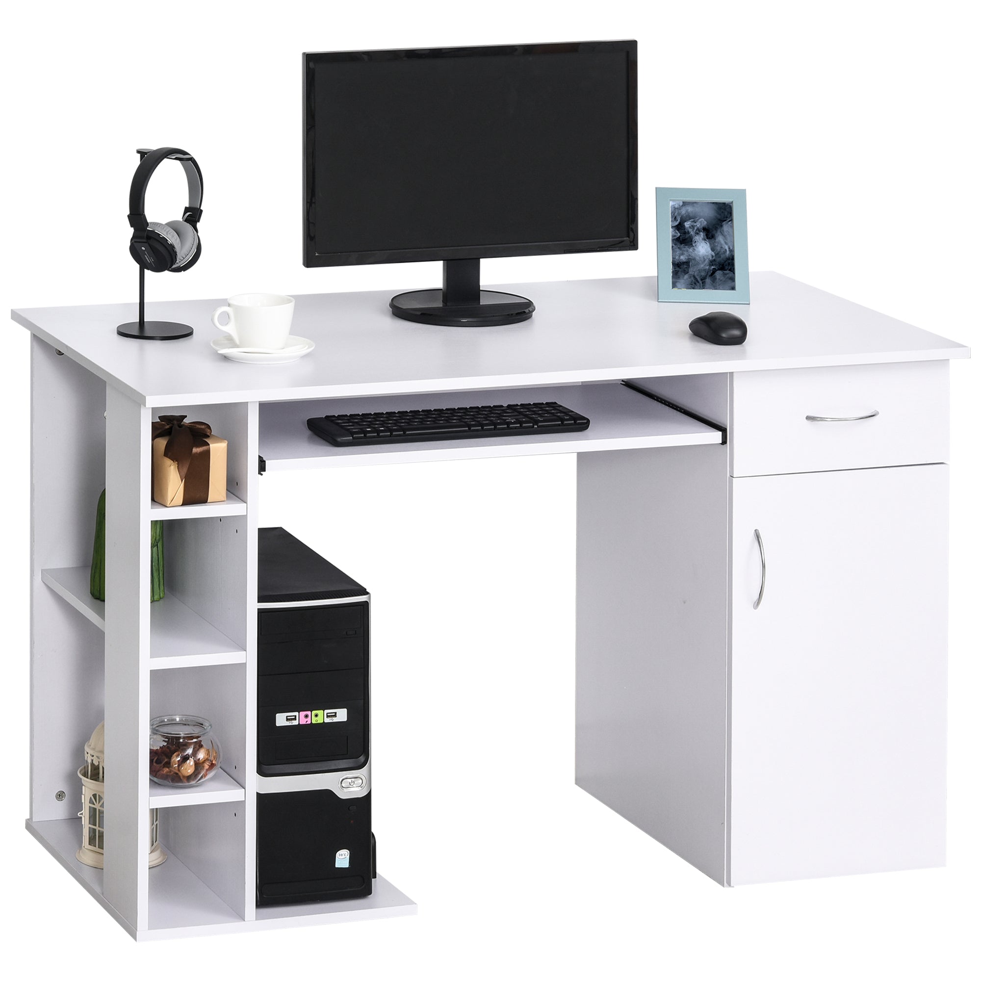 Computer Desk Multimedia Computer Table with Multiple Storage Shelves Drawer Shelf Keyboard MDF 120 x 60 x 74 cm White