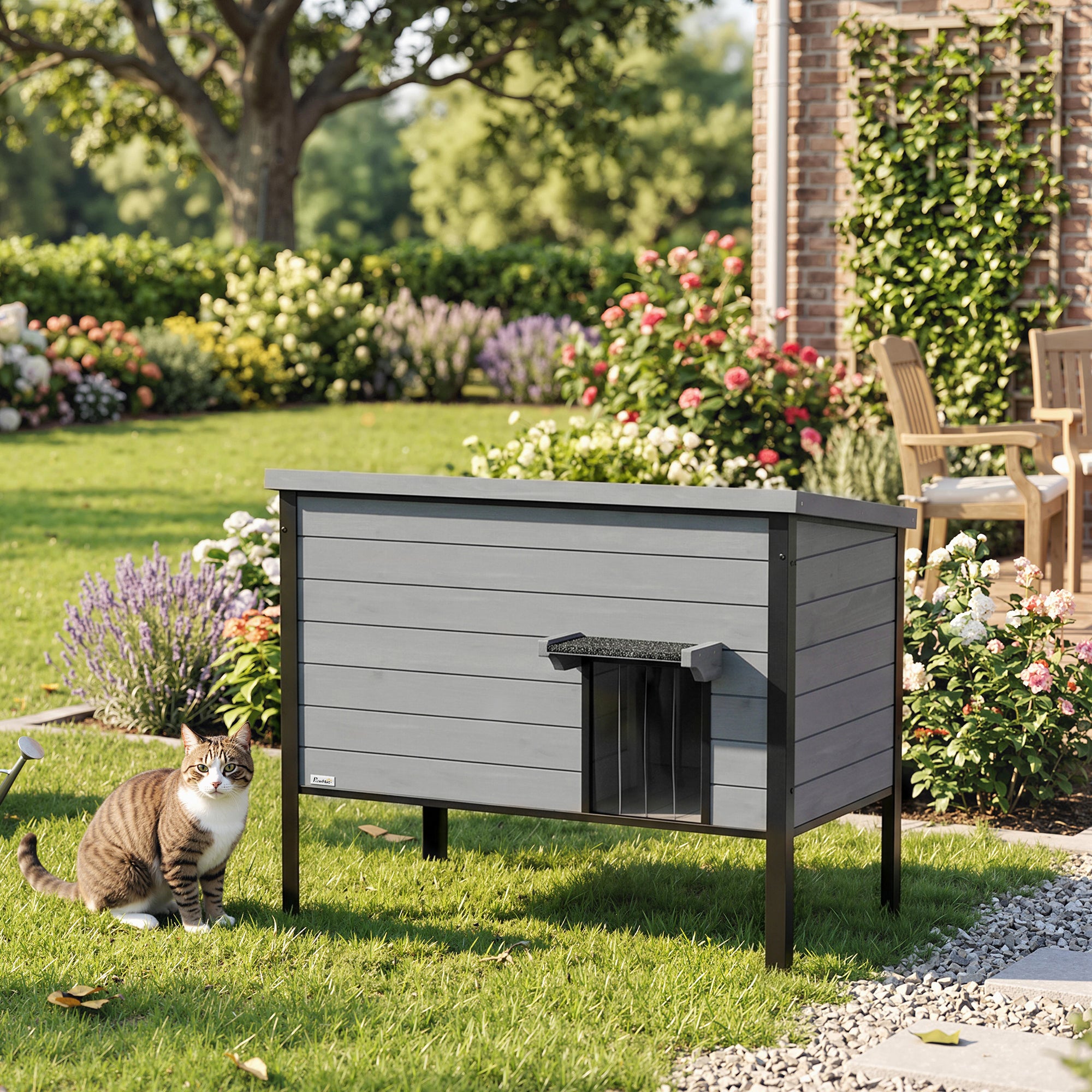 Weatherproof Wooden Cat House with Hinged Roof & Removable Floor, 33.5 x 21.7 x 27.6 in – Indoor/Outdoor Cat Den for 1–2 Cats (up to 26.5 lb each), Light Gray